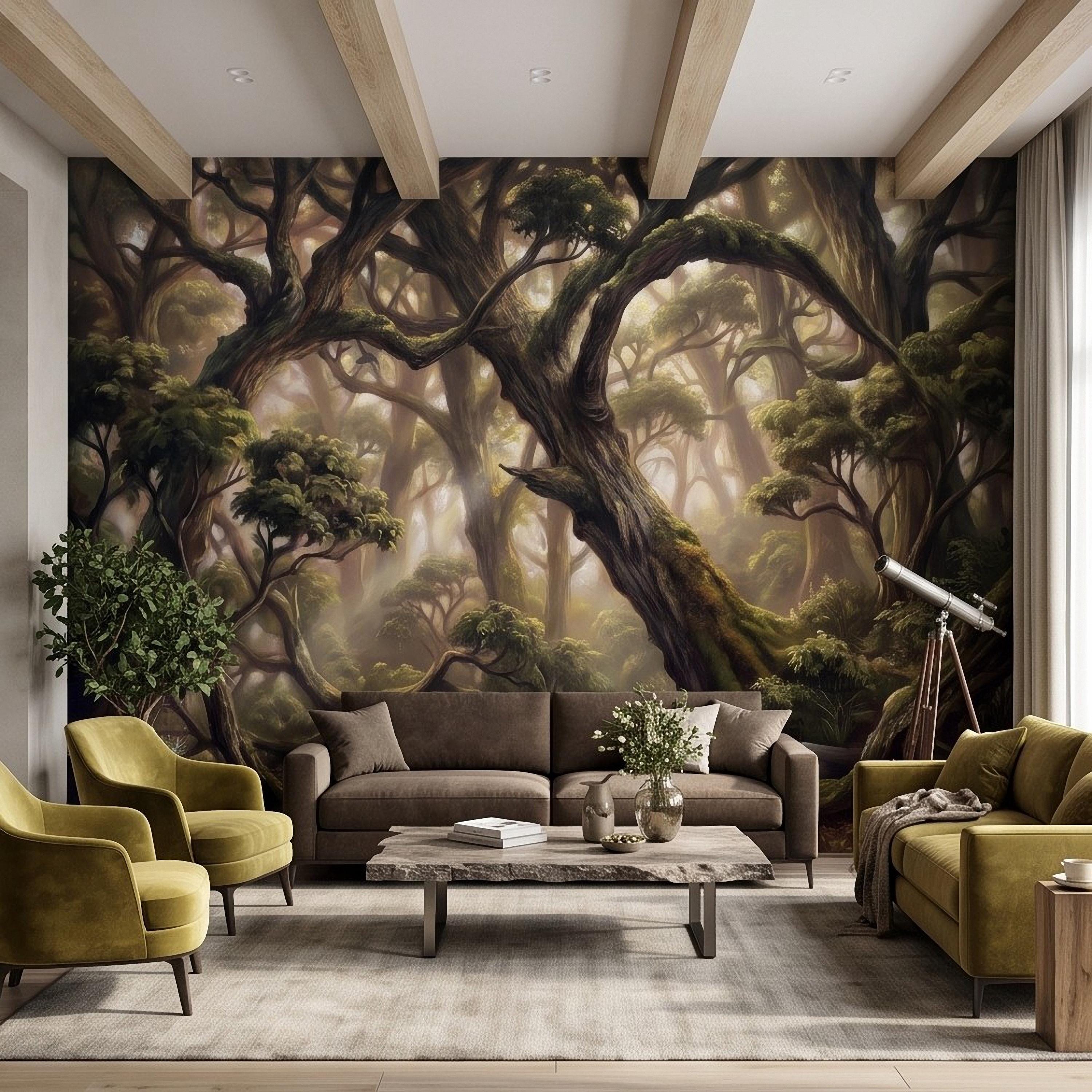 Ancient Forest Peel and Stick Wall Mural, Enchanted Mossy Trees Sunlit Woodland Lush Green Nature Landscape Wallpaper