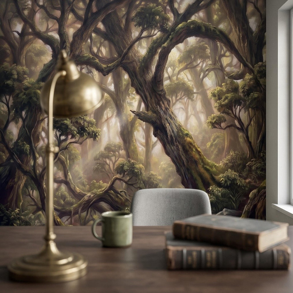 Ancient Forest Peel and Stick Wall Mural, Enchanted Mossy Trees Sunlit Woodland Lush Green Nature Landscape Wallpaper