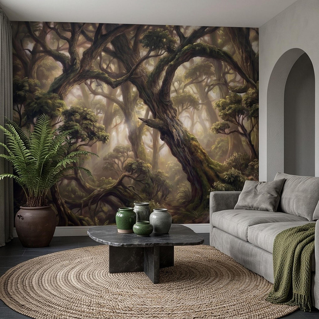 Ancient Forest Peel and Stick Wall Mural, Enchanted Mossy Trees Sunlit Woodland Lush Green Nature Landscape Wallpaper