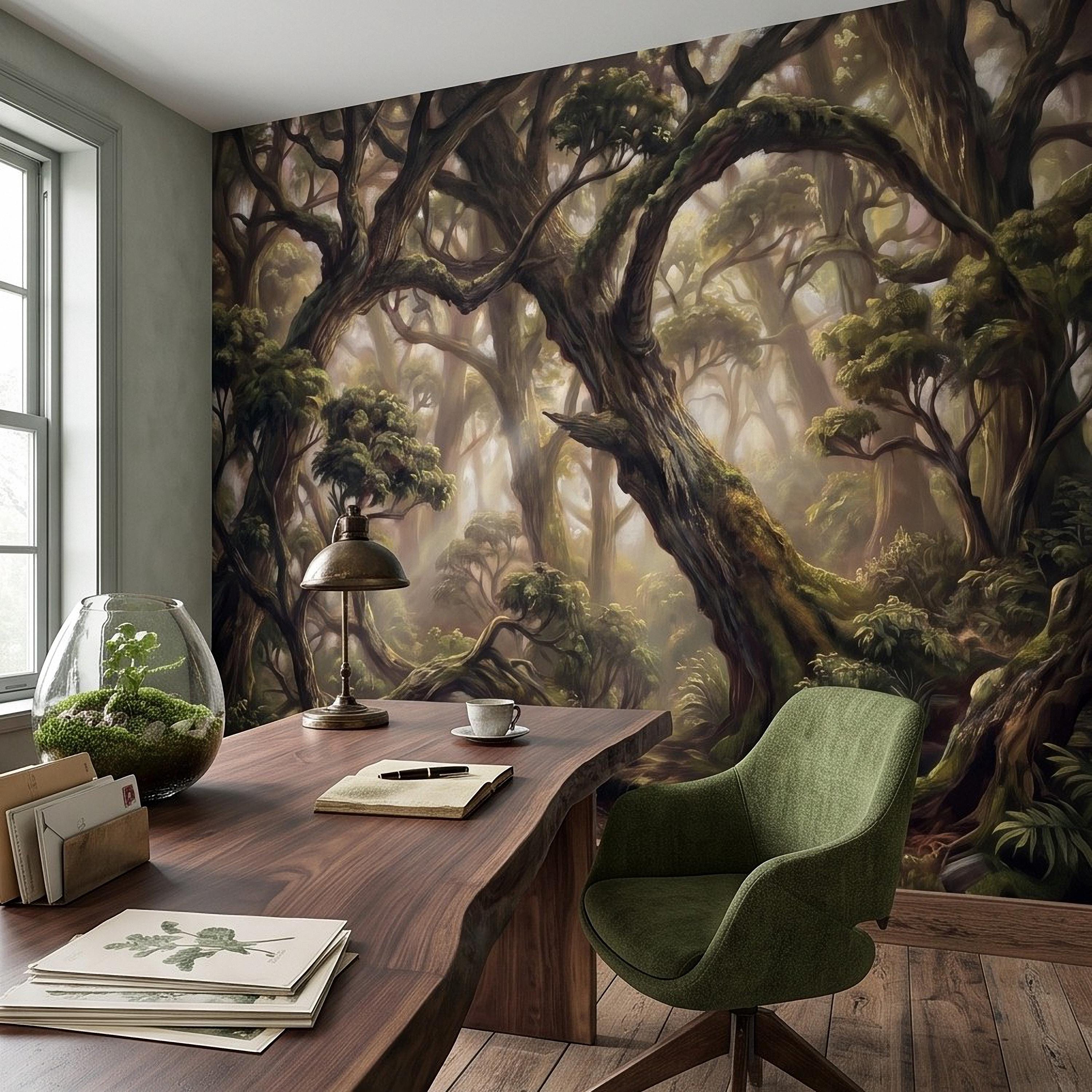 Ancient Forest Peel and Stick Wall Mural, Enchanted Mossy Trees Sunlit Woodland Lush Green Nature Landscape Wallpaper