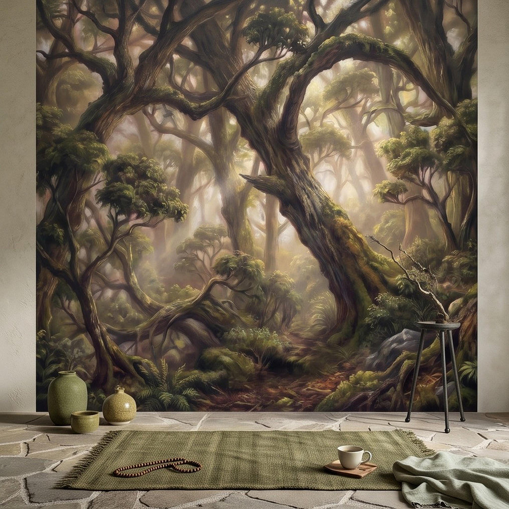 Ancient Forest Peel and Stick Wall Mural, Enchanted Mossy Trees Sunlit Woodland Lush Green Nature Landscape Wallpaper