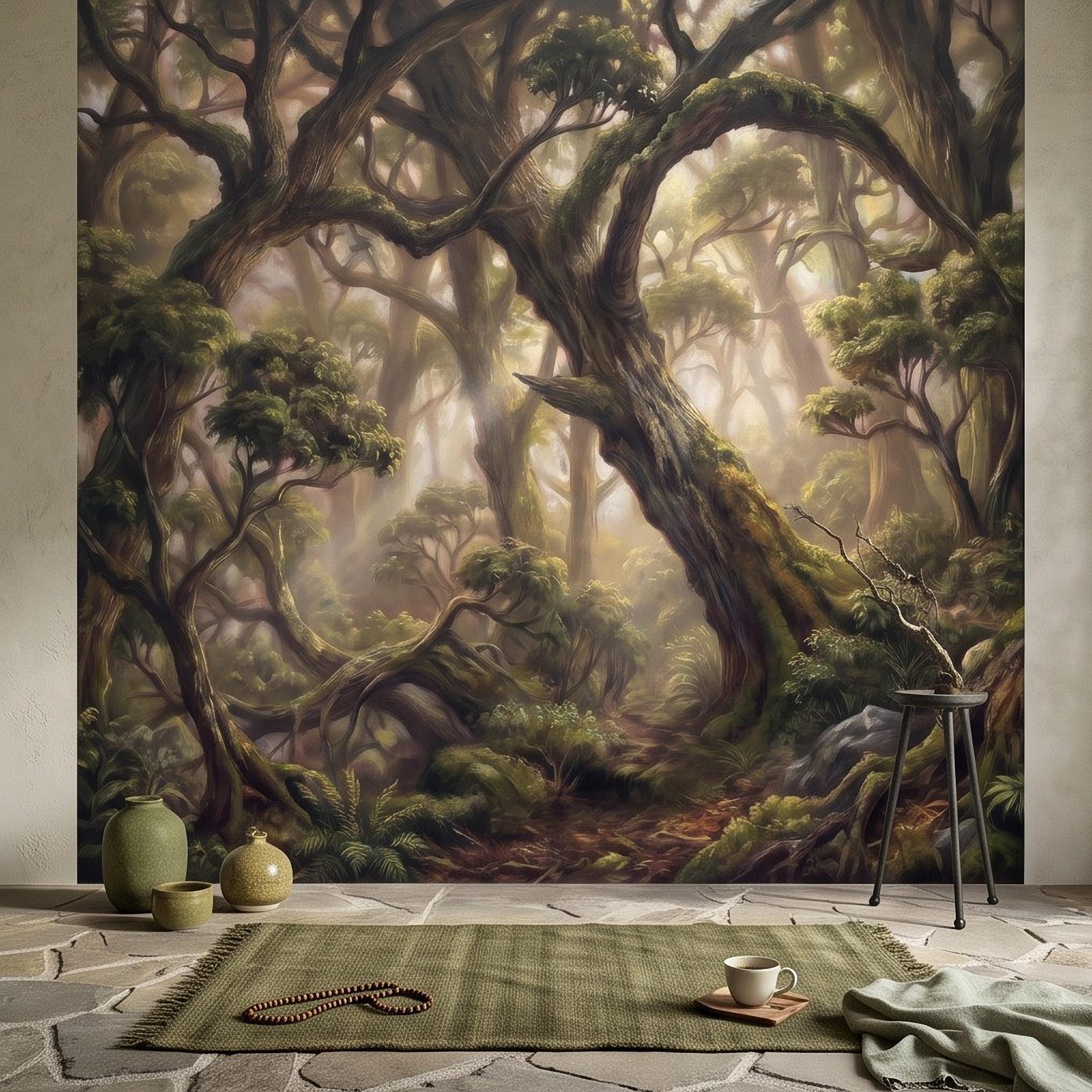 Ancient Forest Peel and Stick Wall Mural, Enchanted Mossy Trees Sunlit Woodland Lush Green Nature Landscape Wallpaper