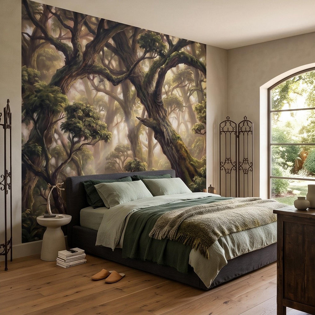 Ancient Forest Peel and Stick Wall Mural, Enchanted Mossy Trees Sunlit Woodland Lush Green Nature Landscape Wallpaper