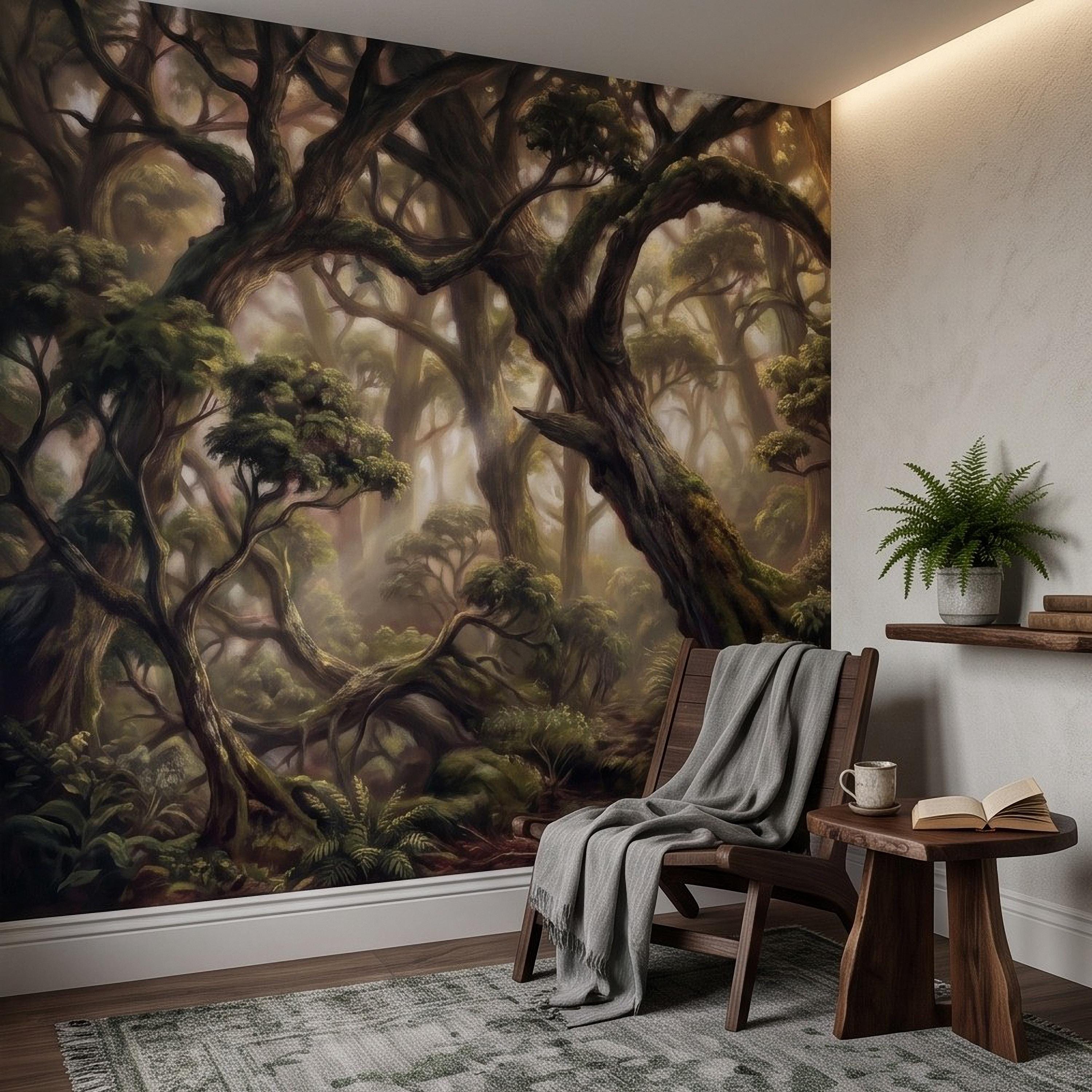 Ancient Forest Peel and Stick Wall Mural, Enchanted Mossy Trees Sunlit Woodland Lush Green Nature Landscape Wallpaper