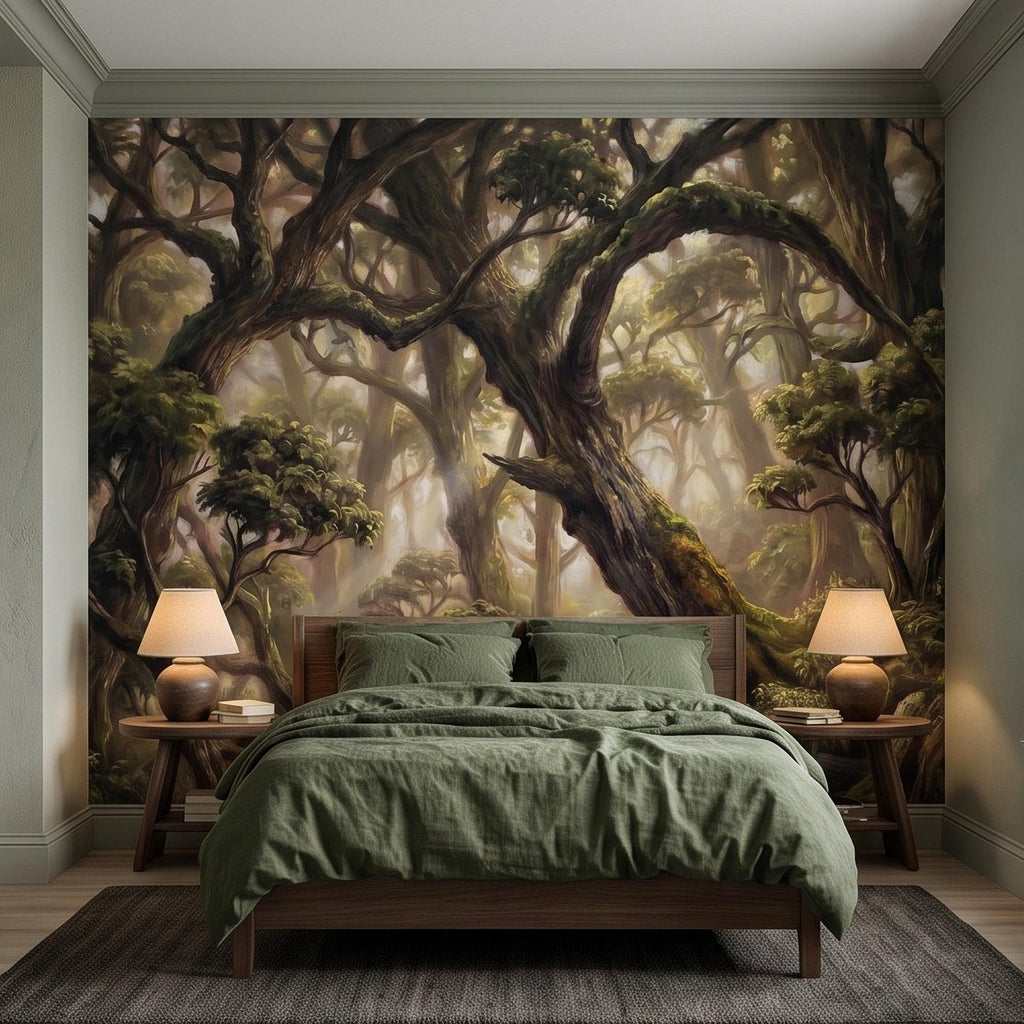 Ancient Forest Peel and Stick Wall Mural, Enchanted Mossy Trees Sunlit Woodland Lush Green Nature Landscape Wallpaper