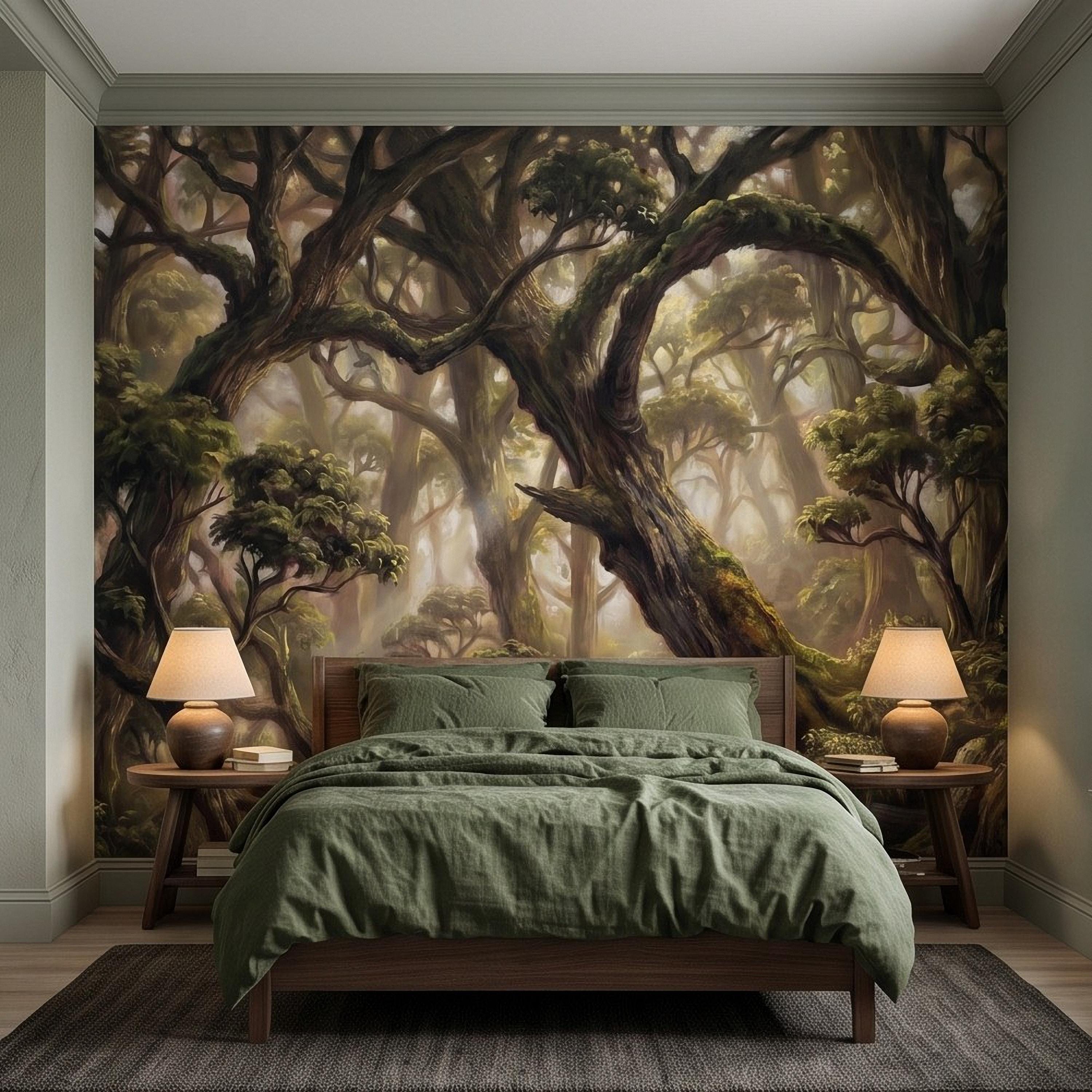 Ancient Forest Peel and Stick Wall Mural, Enchanted Mossy Trees Sunlit Woodland Lush Green Nature Landscape Wallpaper