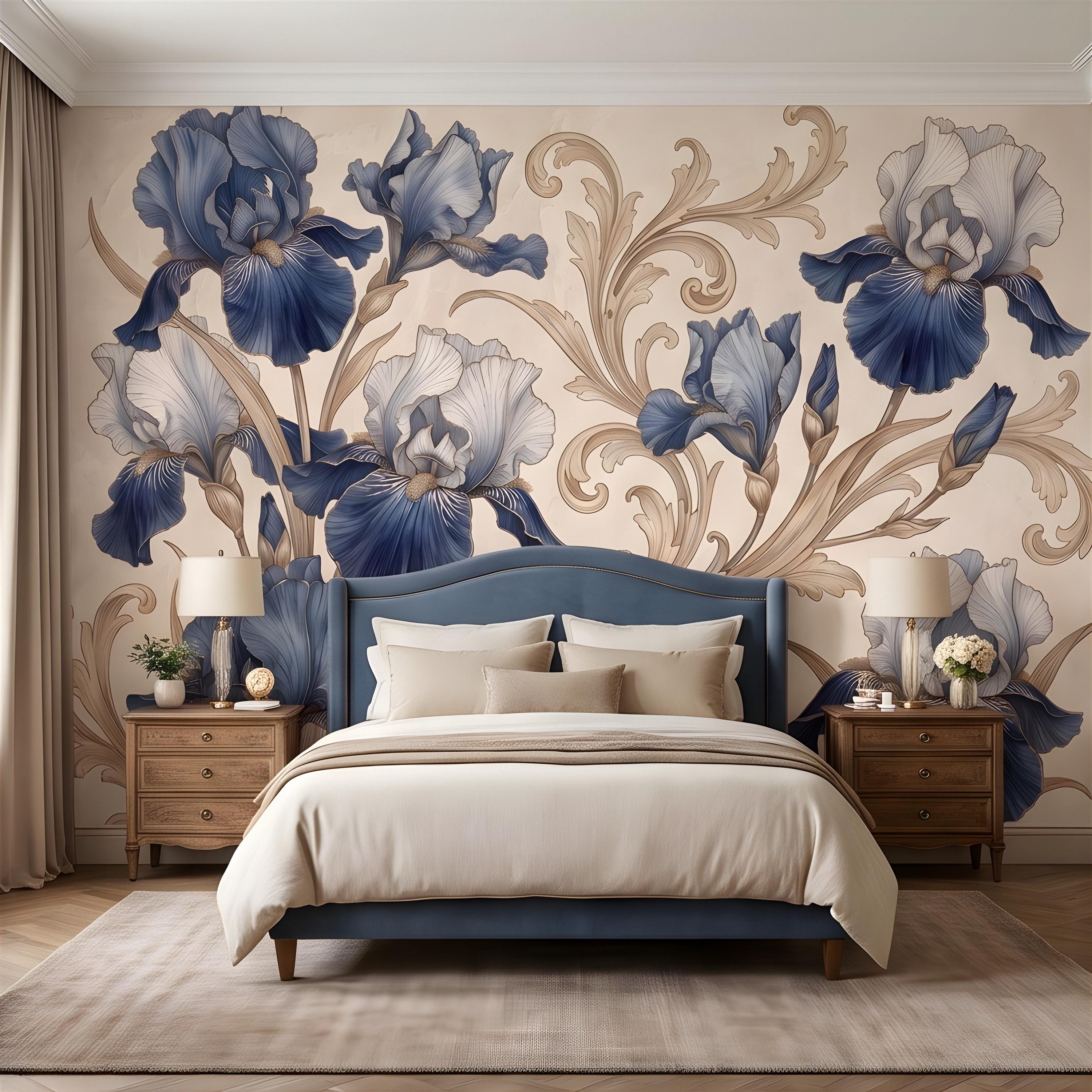 Vintage Blue Iris Peel and Stick Wall Mural, Elegant Baroque Scrollwork, French Chinoiserie Style Classic Wallpaper