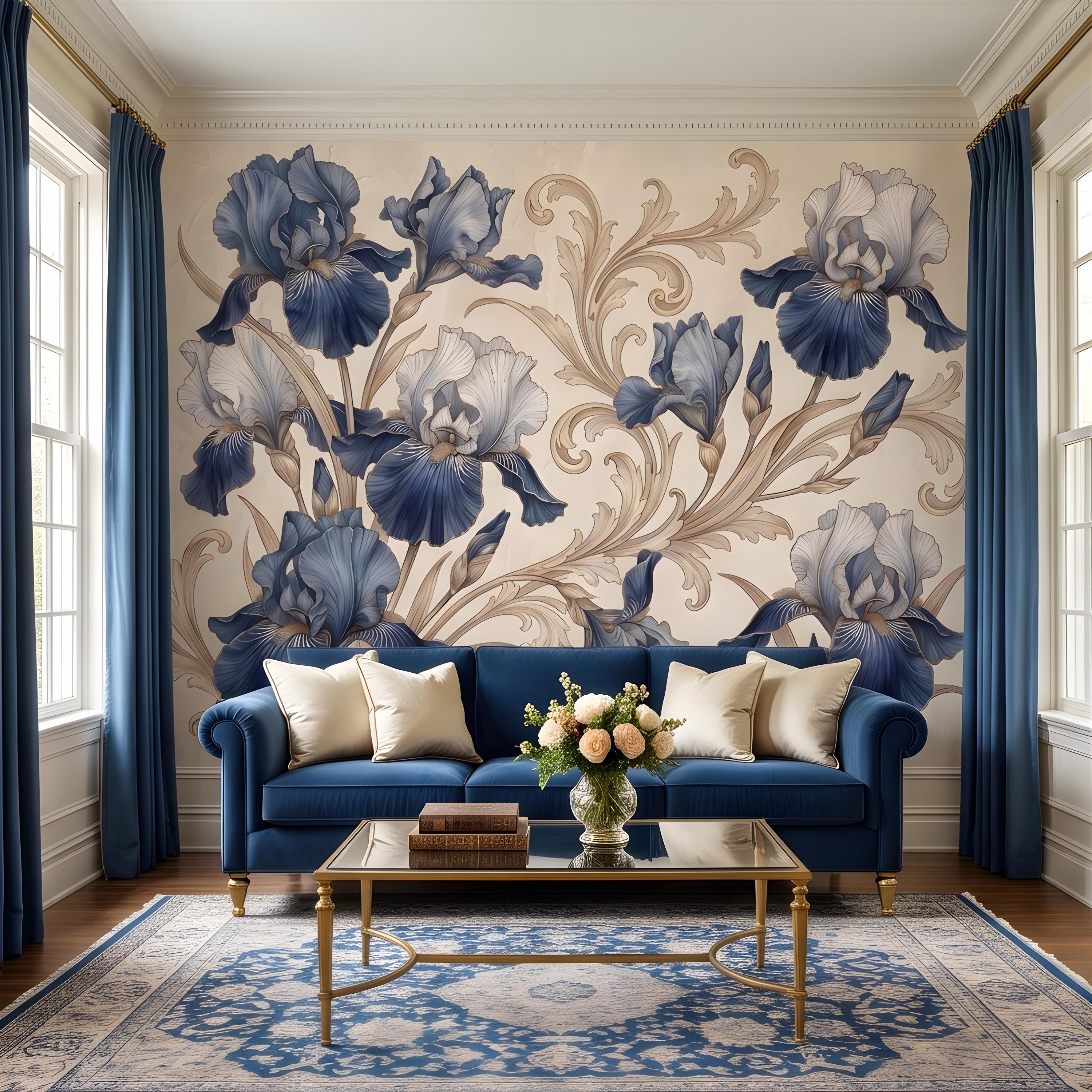 Vintage Blue Iris Peel and Stick Wall Mural, Elegant Baroque Scrollwork, French Chinoiserie Style Classic Wallpaper