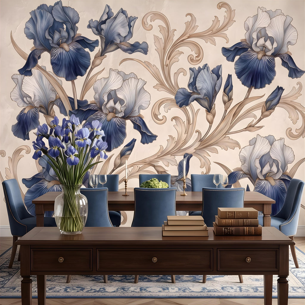 Vintage Blue Iris Peel and Stick Wall Mural, Elegant Baroque Scrollwork, French Chinoiserie Style Classic Wallpaper