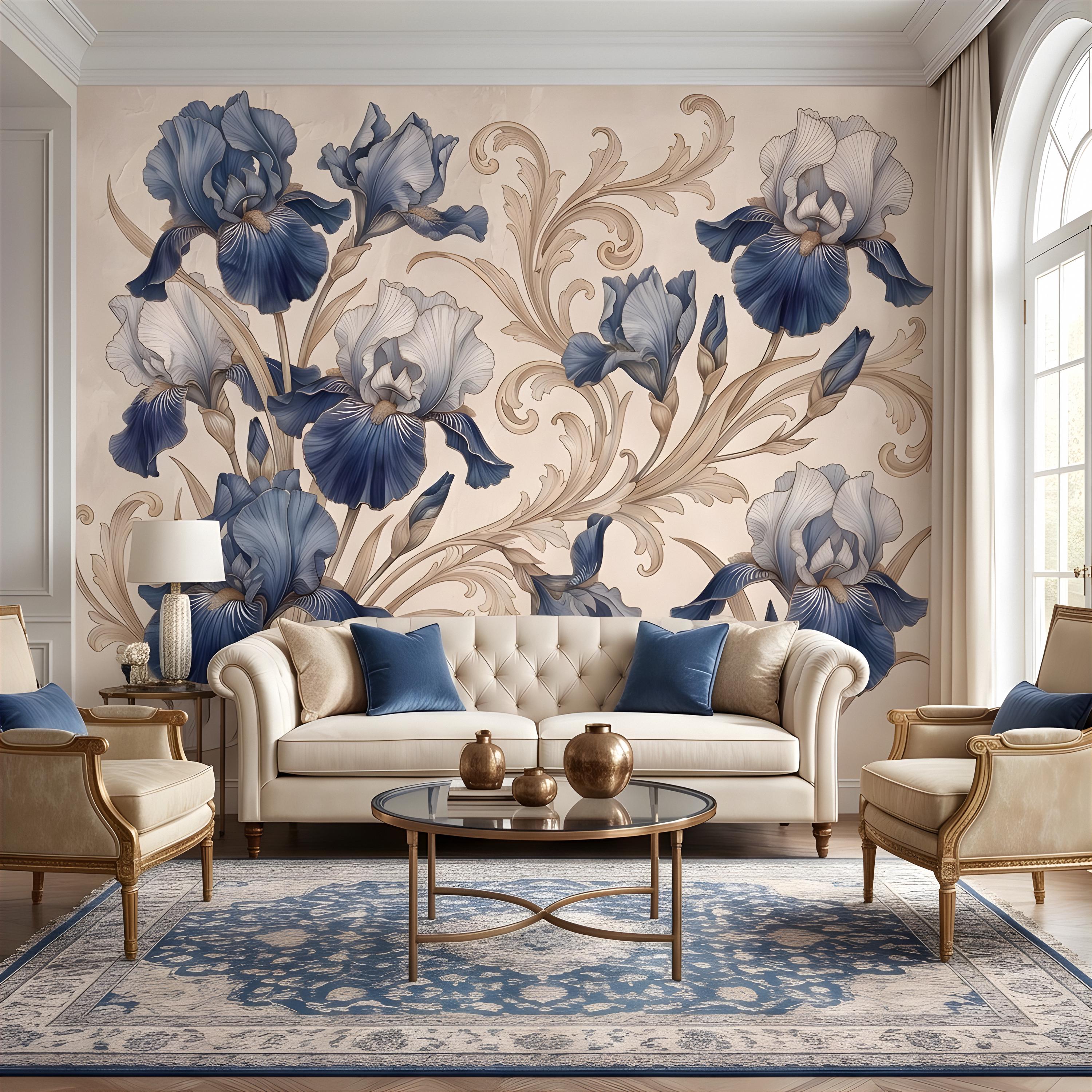 Vintage Blue Iris Peel and Stick Wall Mural, Elegant Baroque Scrollwork, French Chinoiserie Style Classic Wallpaper