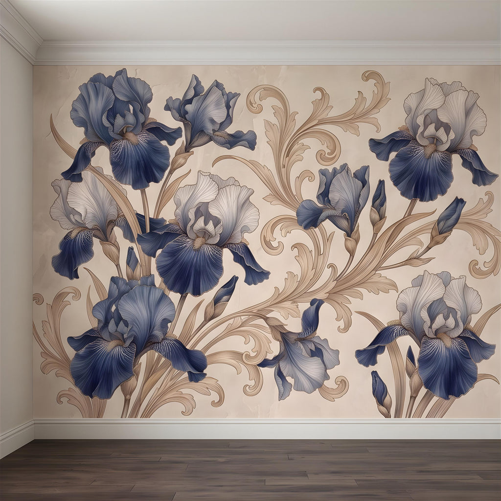 Vintage Blue Iris Peel and Stick Wall Mural, Elegant Baroque Scrollwork, French Chinoiserie Style Classic Wallpaper