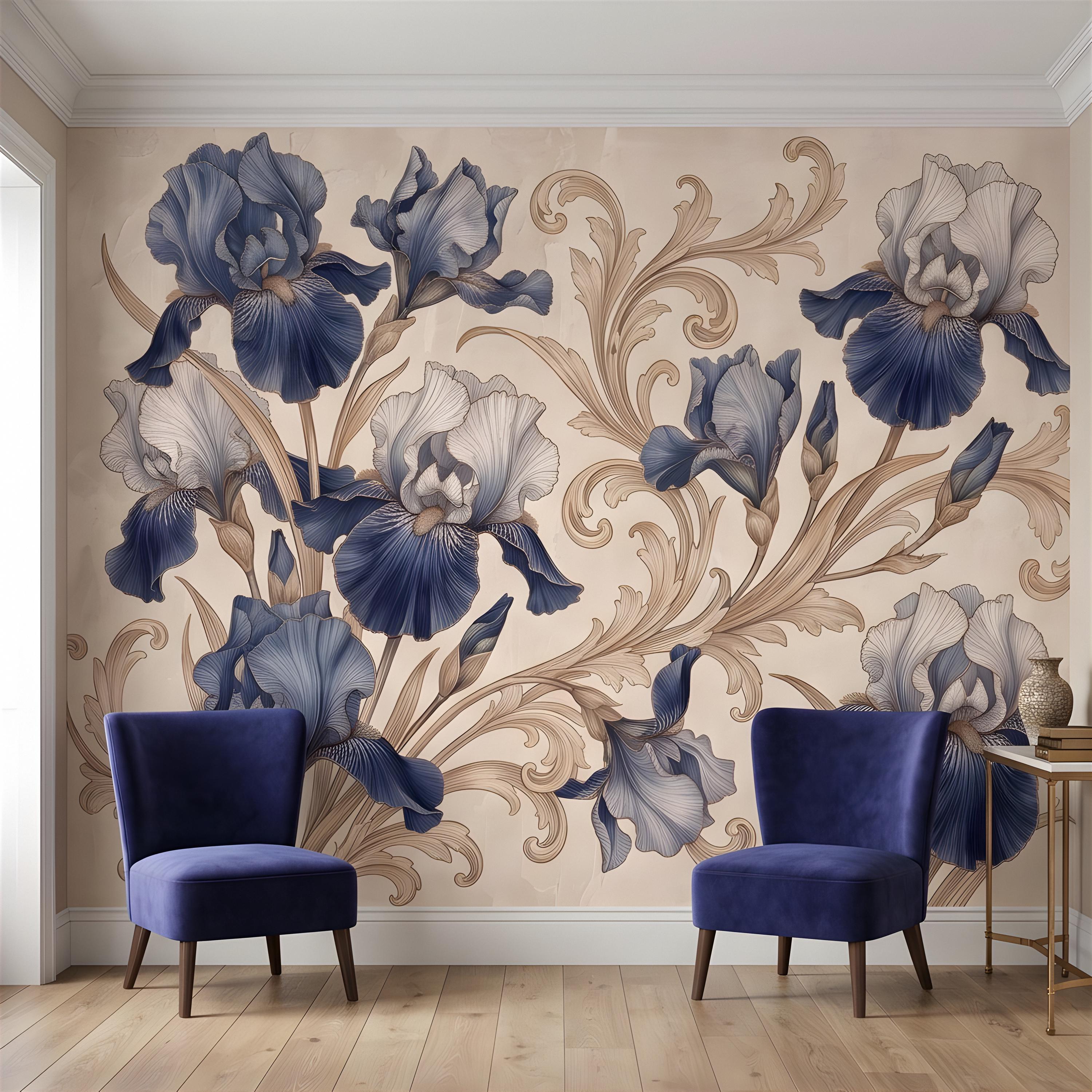 Vintage Blue Iris Peel and Stick Wall Mural, Elegant Baroque Scrollwork, French Chinoiserie Style Classic Wallpaper