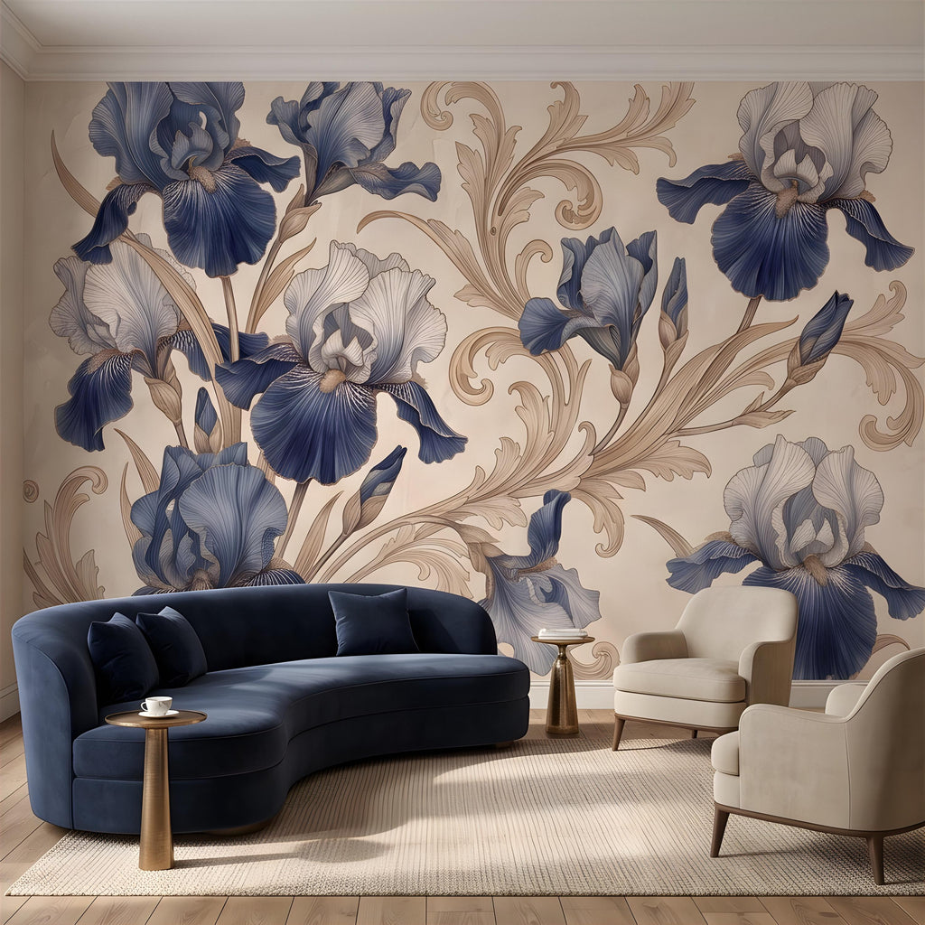 Vintage Blue Iris Peel and Stick Wall Mural, Elegant Baroque Scrollwork, French Chinoiserie Style Classic Wallpaper