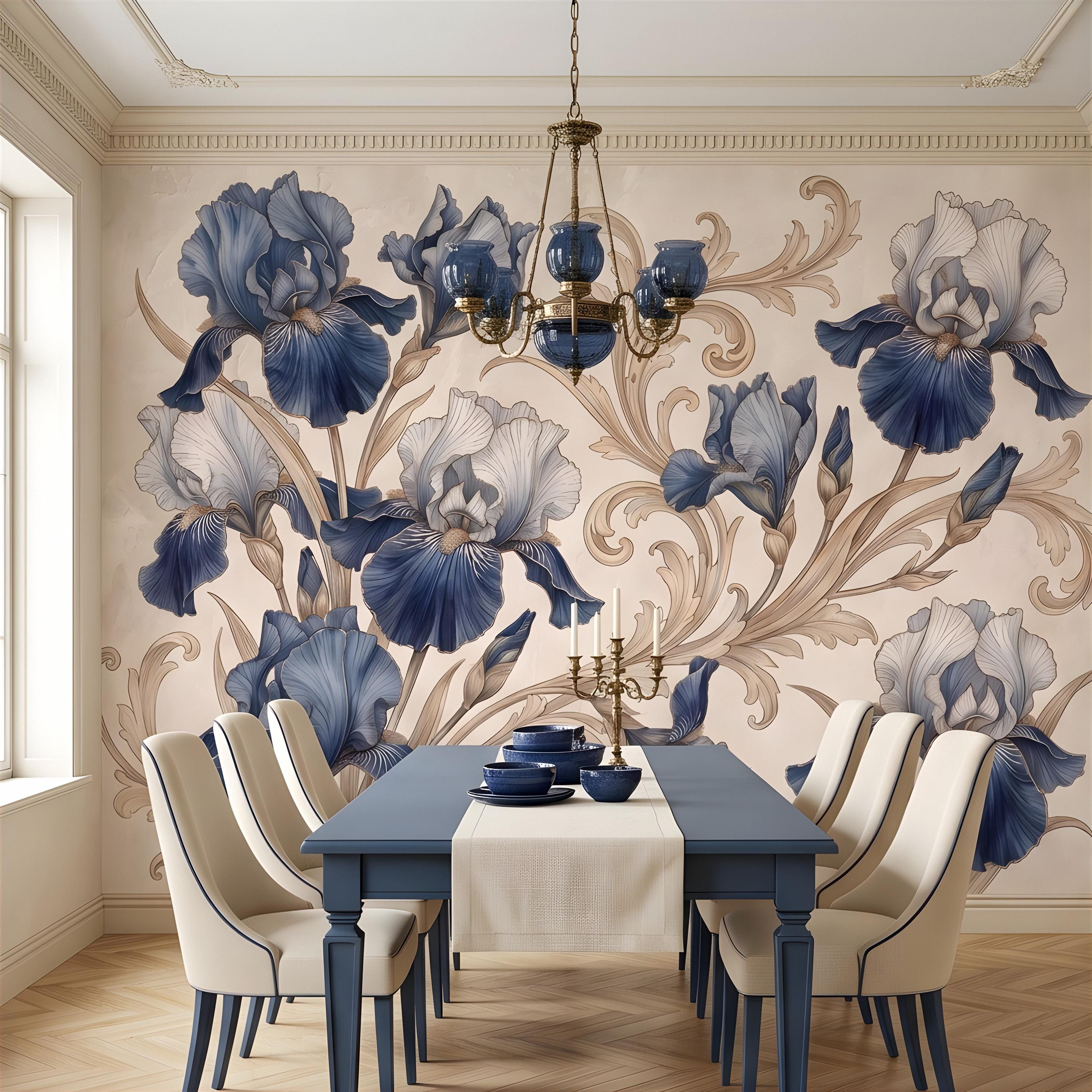 Vintage Blue Iris Peel and Stick Wall Mural, Elegant Baroque Scrollwork, French Chinoiserie Style Classic Wallpaper
