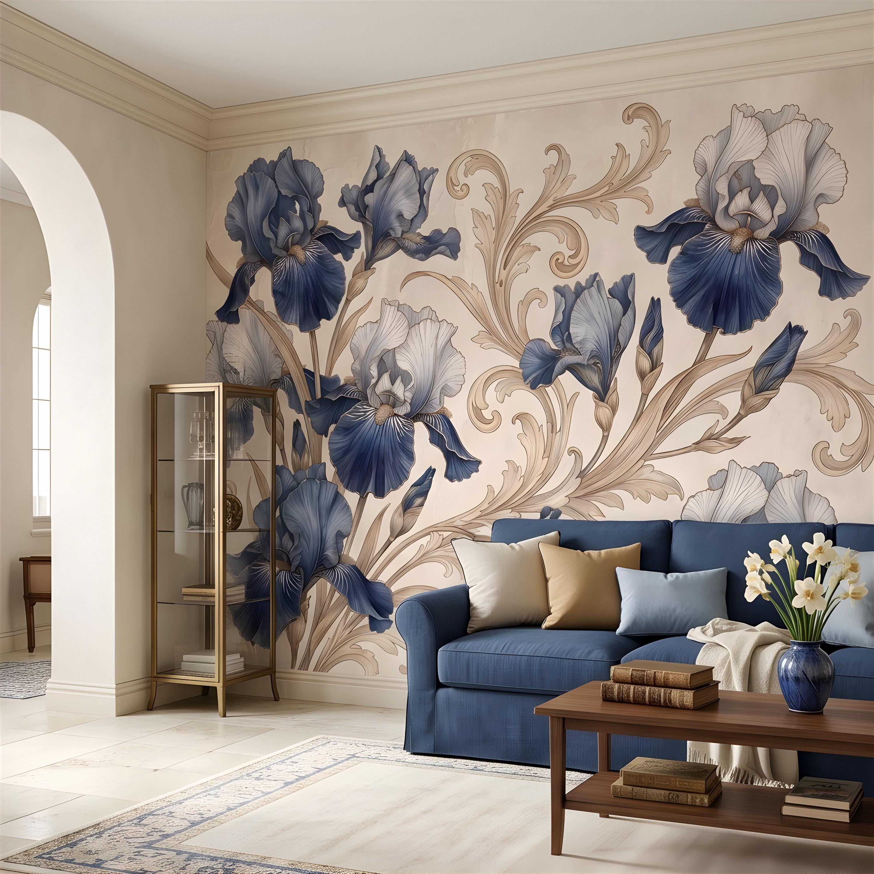Vintage Blue Iris Peel and Stick Wall Mural, Elegant Baroque Scrollwork, French Chinoiserie Style Classic Wallpaper