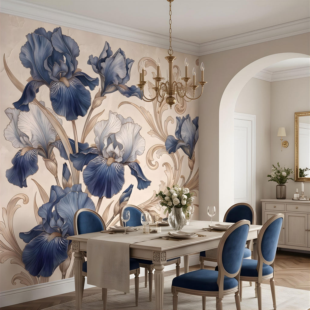 Vintage Blue Iris Peel and Stick Wall Mural, Elegant Baroque Scrollwork, French Chinoiserie Style Classic Wallpaper