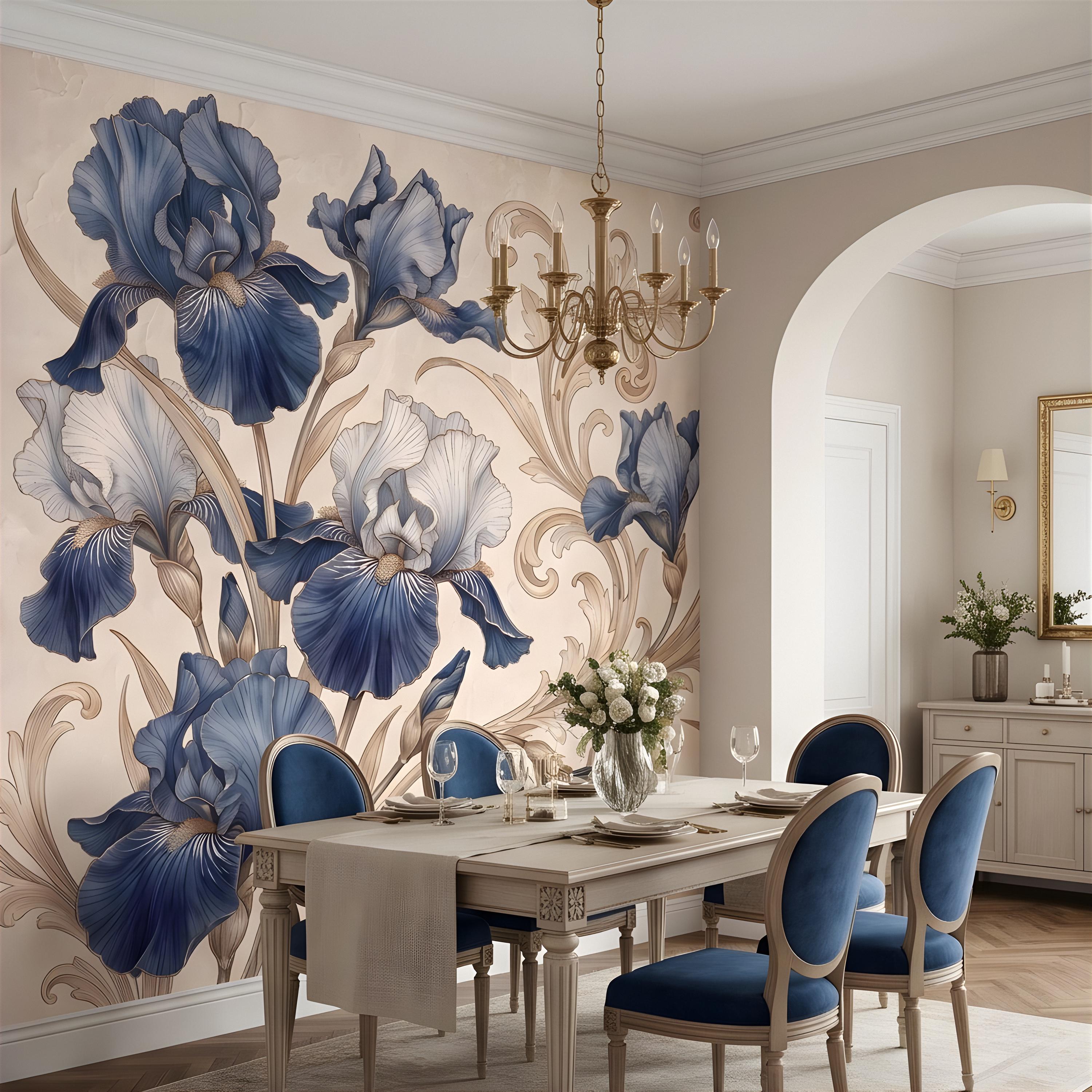 Vintage Blue Iris Peel and Stick Wall Mural, Elegant Baroque Scrollwork, French Chinoiserie Style Classic Wallpaper