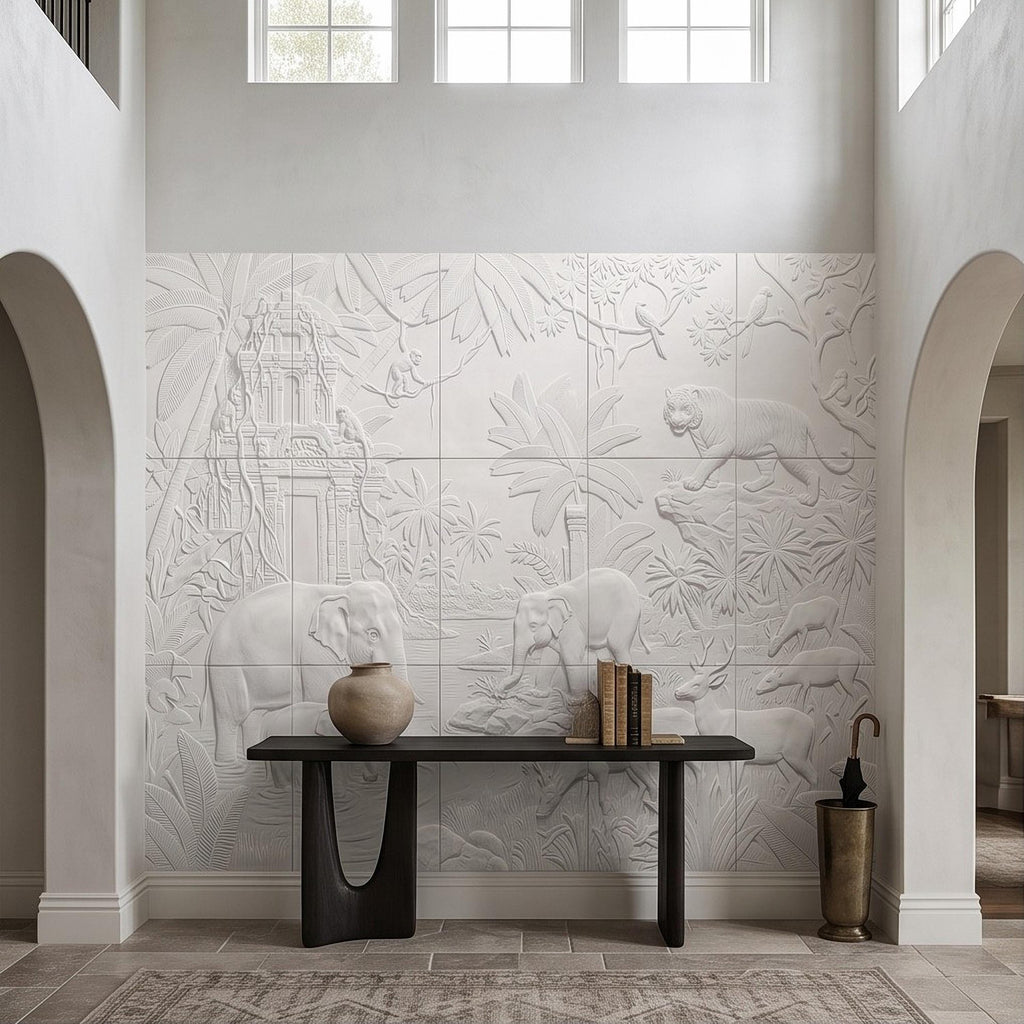 Safari Relief Peel and Stick Wall Mural, Sculpted Elephant Tiger Jungle Temple Ecru Embossed Plaster Look Wallpaper