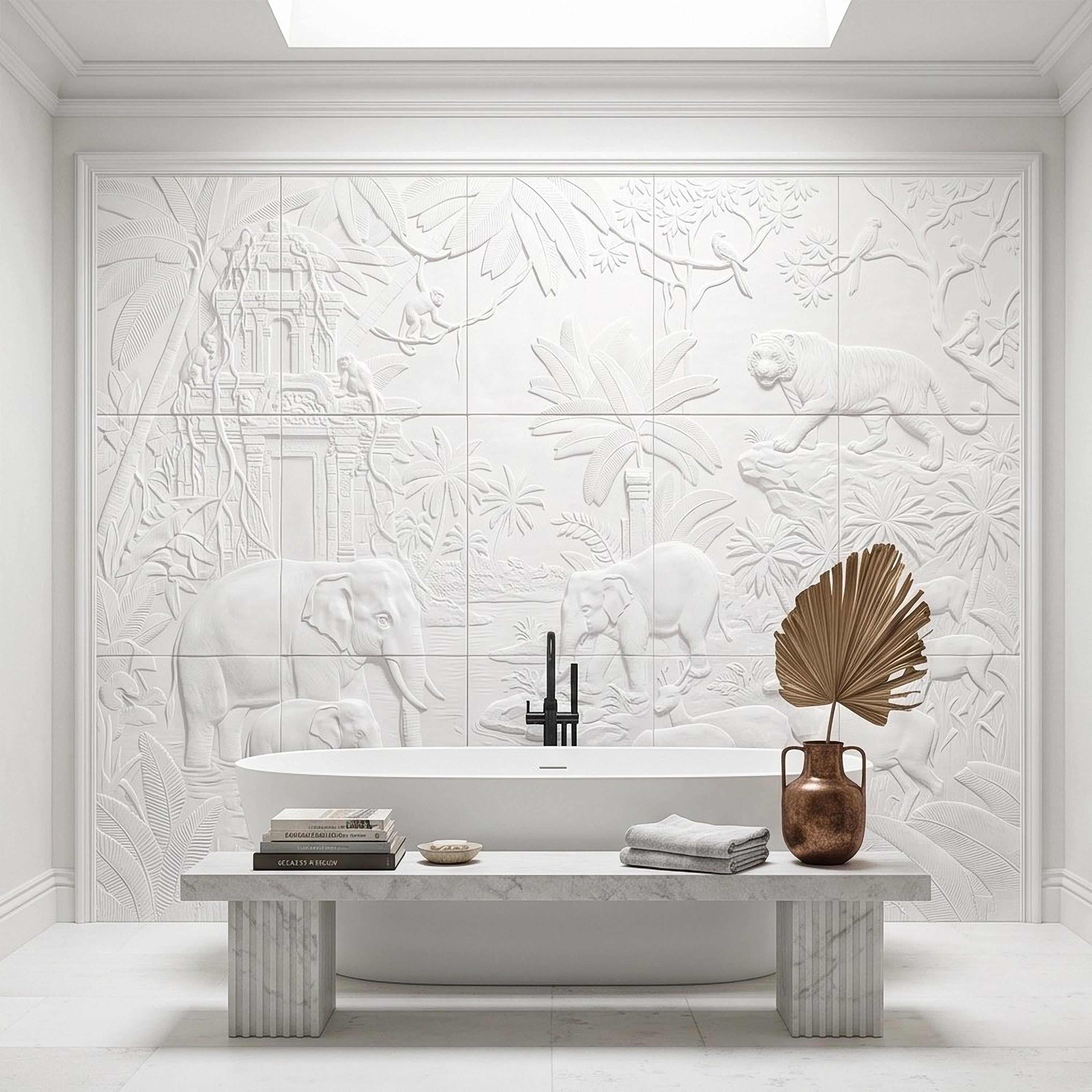 Safari Relief Peel and Stick Wall Mural, Sculpted Elephant Tiger Jungle Temple Ecru Embossed Plaster Look Wallpaper