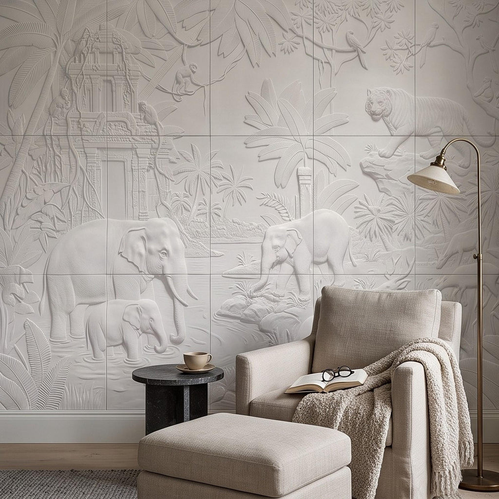 Safari Relief Peel and Stick Wall Mural, Sculpted Elephant Tiger Jungle Temple Ecru Embossed Plaster Look Wallpaper