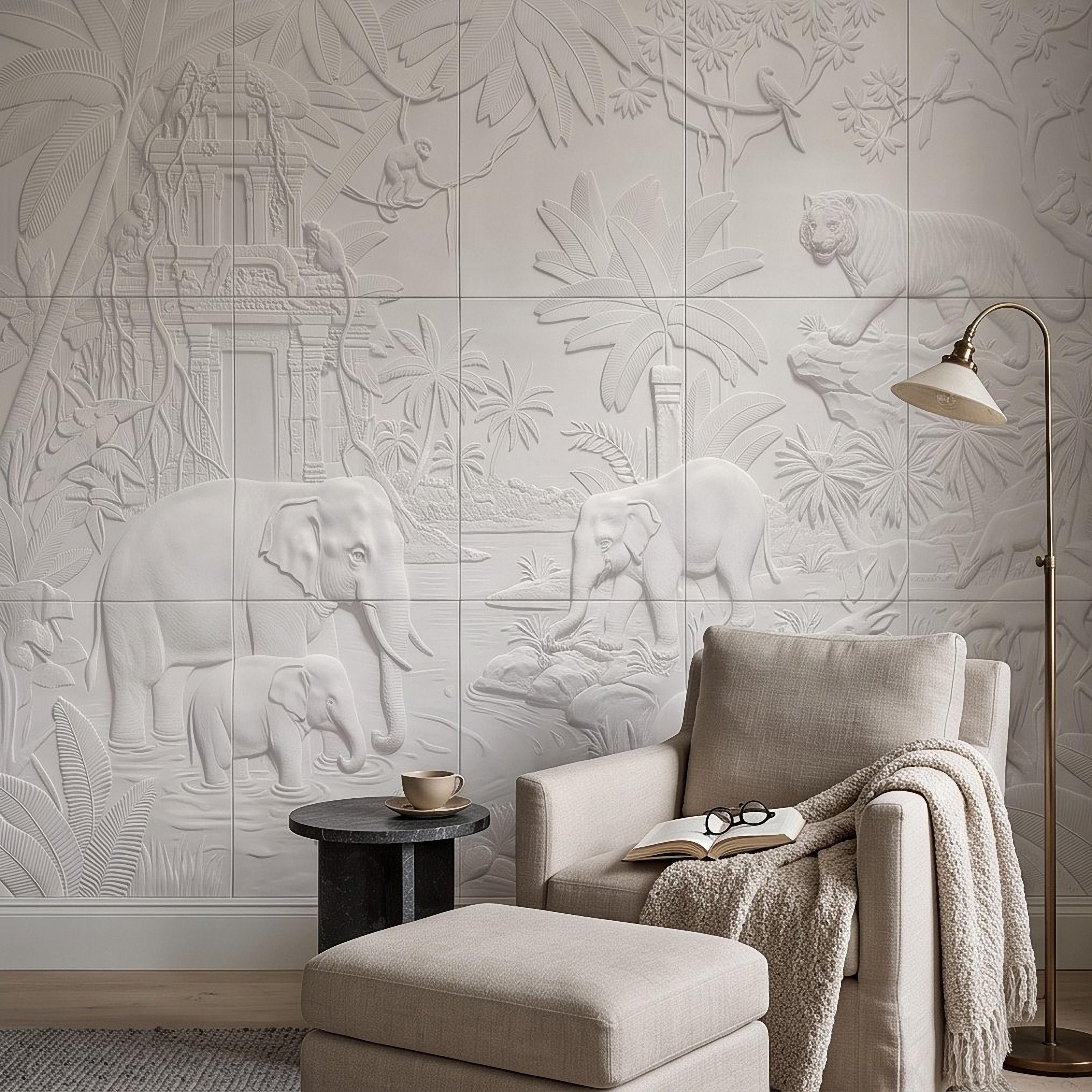 Safari Relief Peel and Stick Wall Mural, Sculpted Elephant Tiger Jungle Temple Ecru Embossed Plaster Look Wallpaper