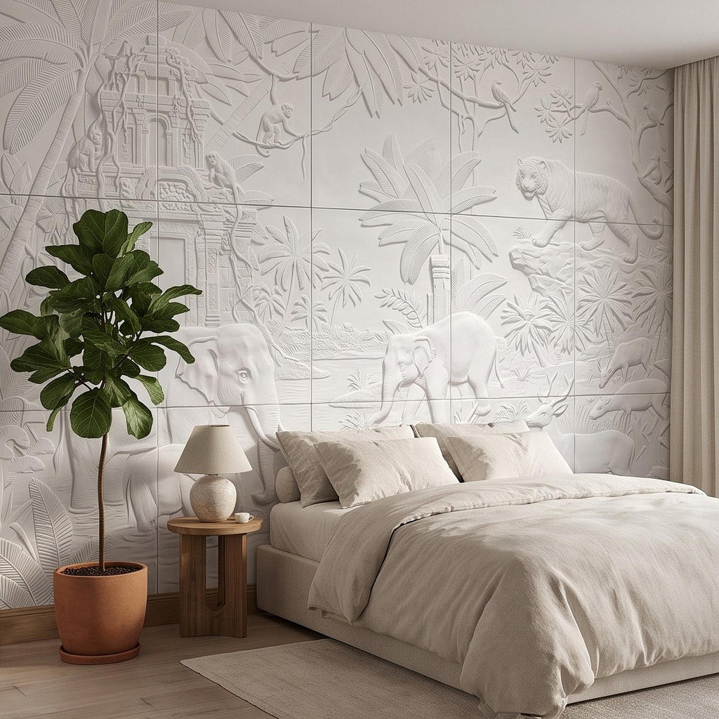 Safari Relief Peel and Stick Wall Mural, Sculpted Elephant Tiger Jungle Temple Ecru Embossed Plaster Look Wallpaper