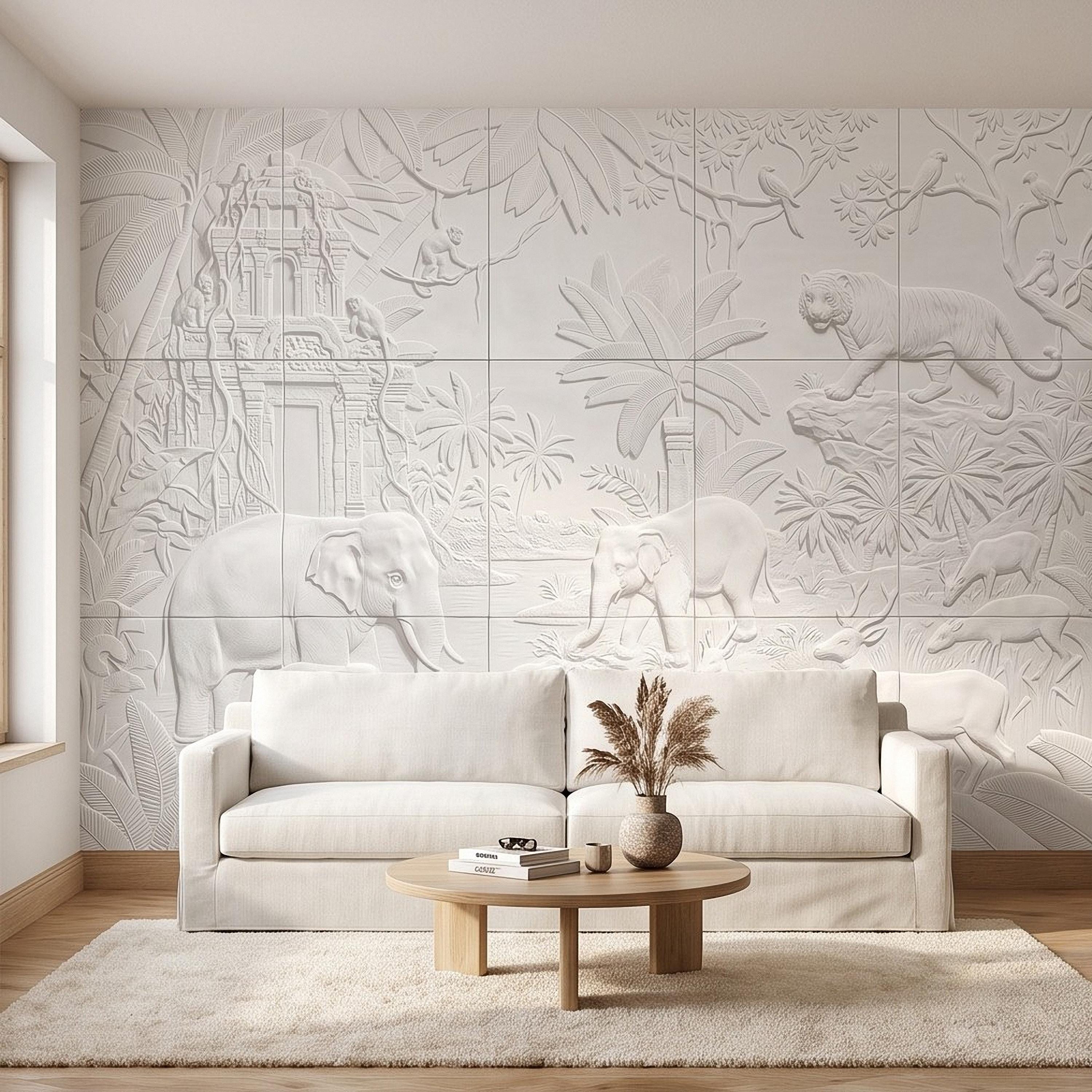 Safari Relief Peel and Stick Wall Mural, Sculpted Elephant Tiger Jungle Temple Ecru Embossed Plaster Look Wallpaper