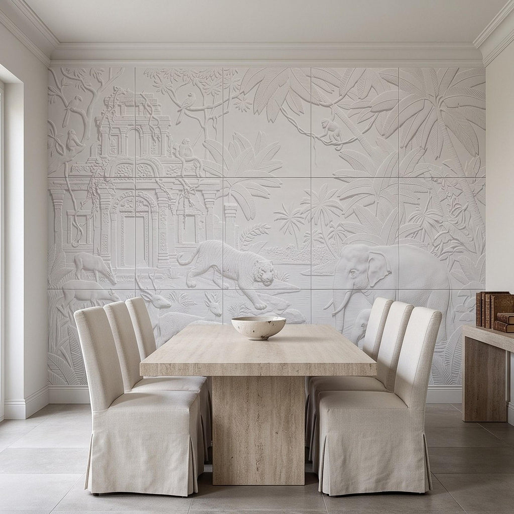 Safari Temple Peel and Stick Wall Mural, Sculpted Elephant Tiger Jungle Relief Feather Gray Embossed Plaster Look Wallpaper
