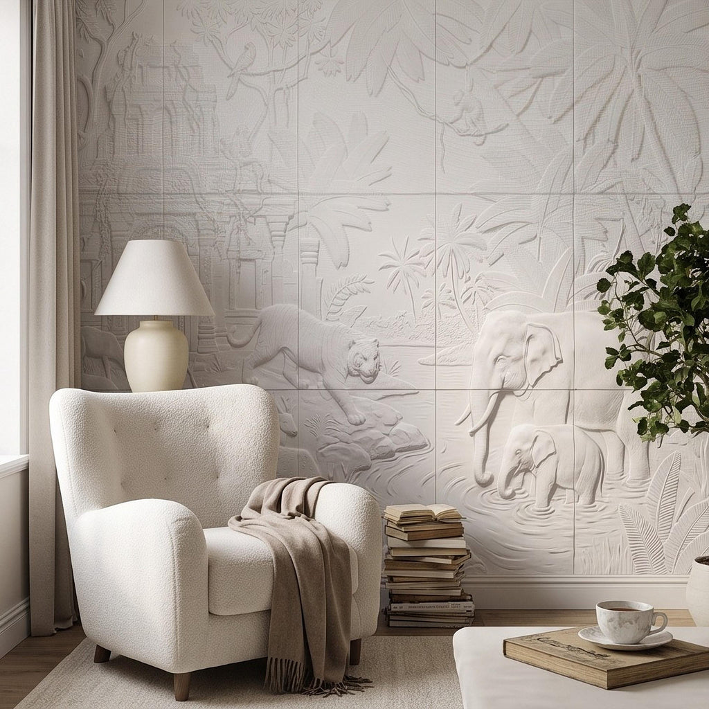 Safari Temple Peel and Stick Wall Mural, Sculpted Elephant Tiger Jungle Relief Feather Gray Embossed Plaster Look Wallpaper