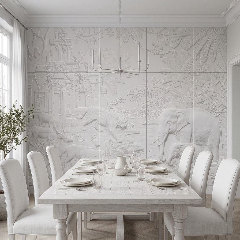 Safari Temple Peel and Stick Wall Mural, Sculpted Elephant Tiger Jungle Relief Feather Gray Embossed Plaster Look Wallpaper