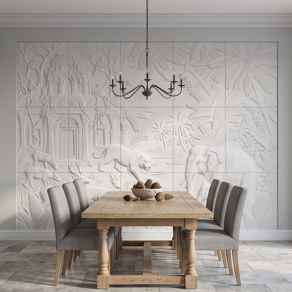 Safari Temple Peel and Stick Wall Mural, Sculpted Elephant Tiger Jungle Relief Feather Gray Embossed Plaster Look Wallpaper