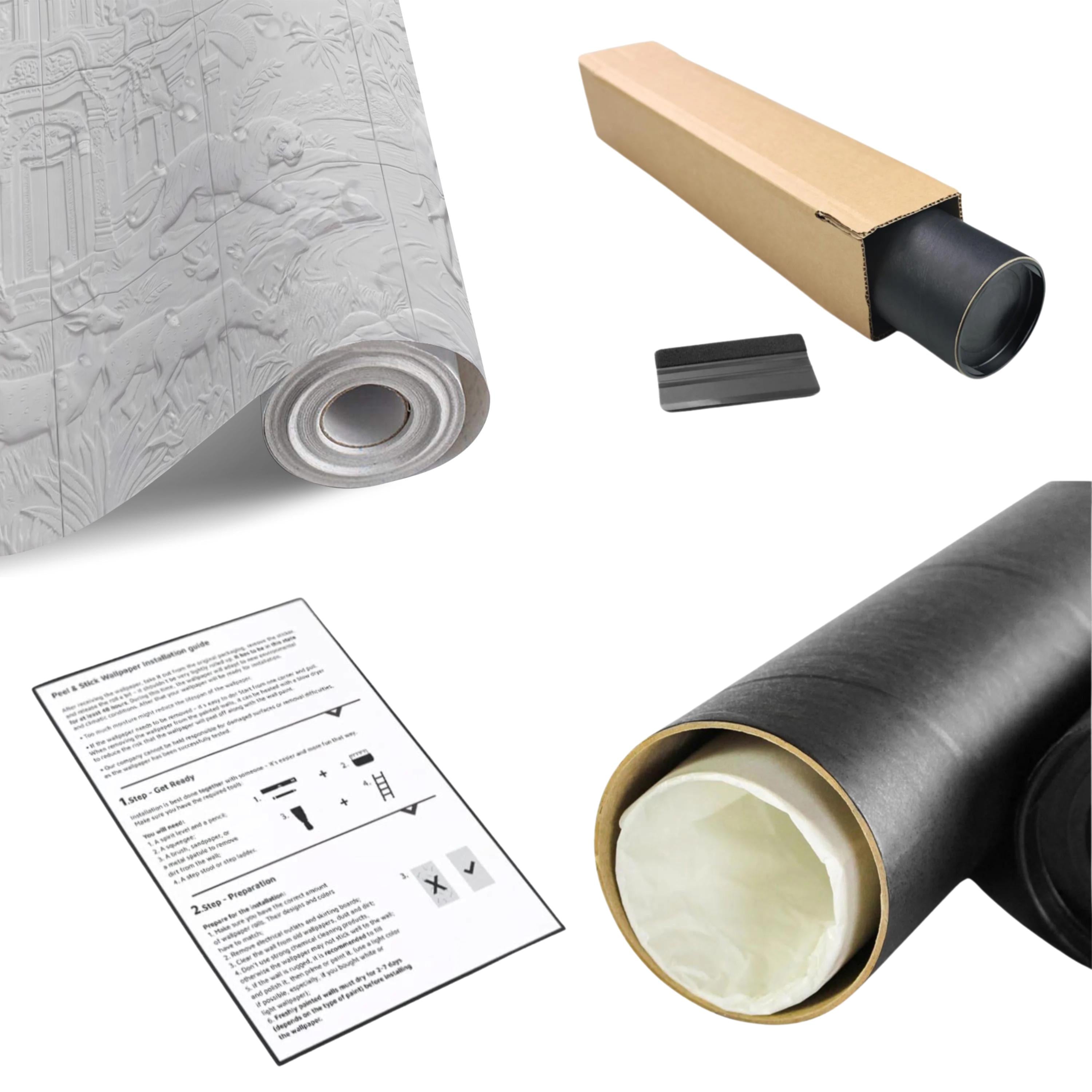 Safari Temple Peel and Stick Wall Mural, Sculpted Elephant Tiger Jungle Relief Feather Gray Embossed Plaster Look Wallpaper