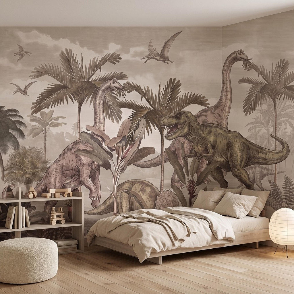 Prehistoric Dinosaur Peel and Stick Wall Mural, Vintage Jurassic T Rex Triceratops Brachiosaurus Landscape Wallpaper