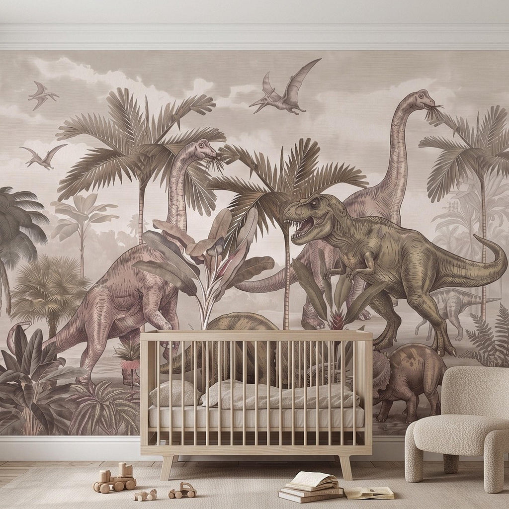 Prehistoric Dinosaur Peel and Stick Wall Mural, Vintage Jurassic T Rex Triceratops Brachiosaurus Landscape Wallpaper