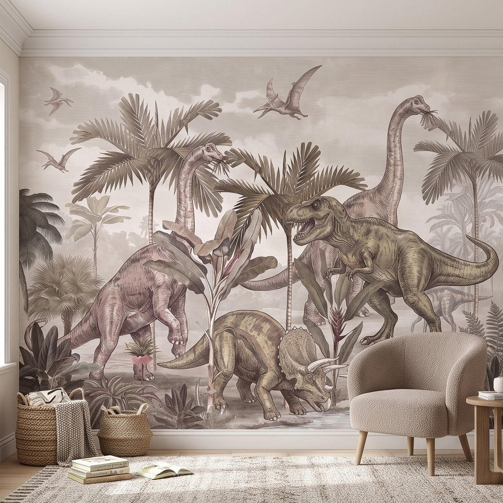 Prehistoric Dinosaur Peel and Stick Wall Mural, Vintage Jurassic T Rex Triceratops Brachiosaurus Landscape Wallpaper