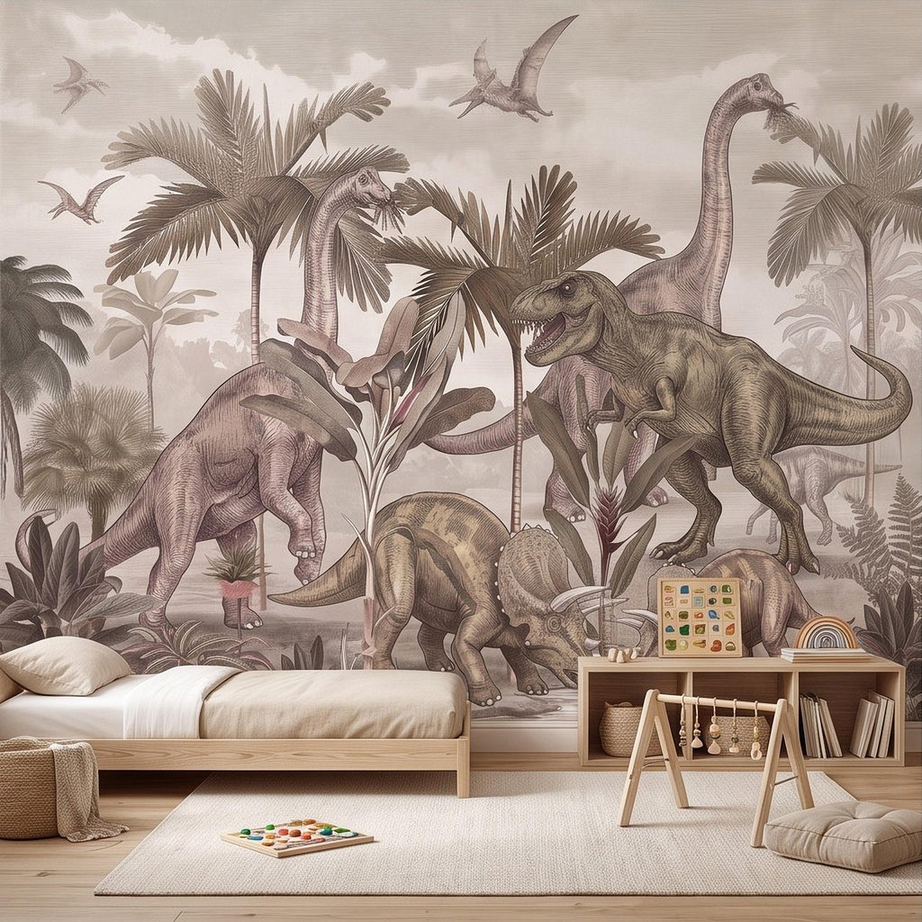 Prehistoric Dinosaur Peel and Stick Wall Mural, Vintage Jurassic T Rex Triceratops Brachiosaurus Landscape Wallpaper