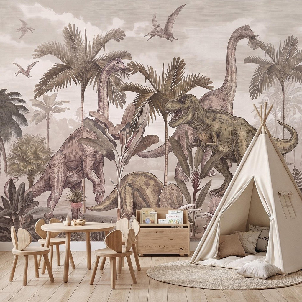 Prehistoric Dinosaur Peel and Stick Wall Mural, Vintage Jurassic T Rex Triceratops Brachiosaurus Landscape Wallpaper