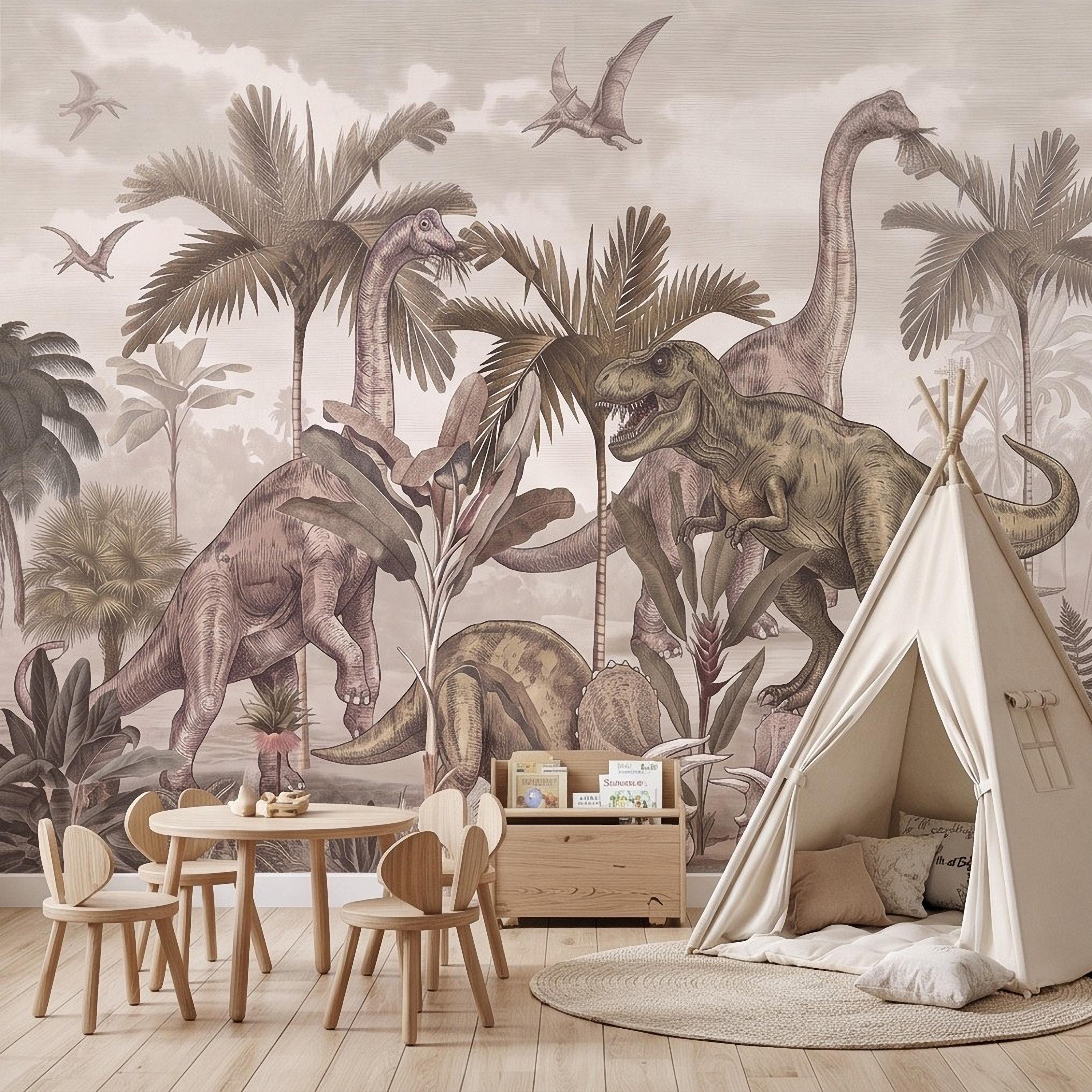 Prehistoric Dinosaur Peel and Stick Wall Mural, Vintage Jurassic T Rex Triceratops Brachiosaurus Landscape Wallpaper