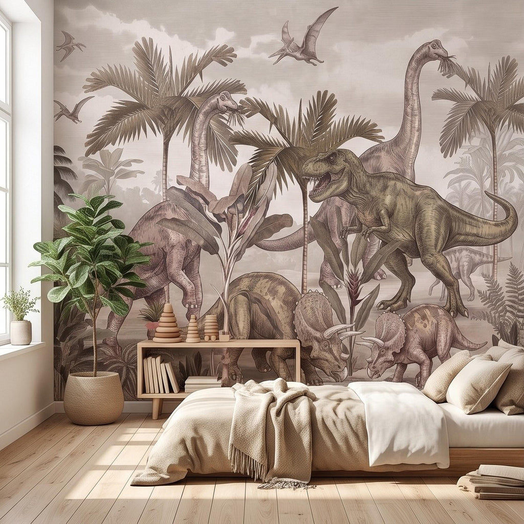 Prehistoric Dinosaur Peel and Stick Wall Mural, Vintage Jurassic T Rex Triceratops Brachiosaurus Landscape Wallpaper