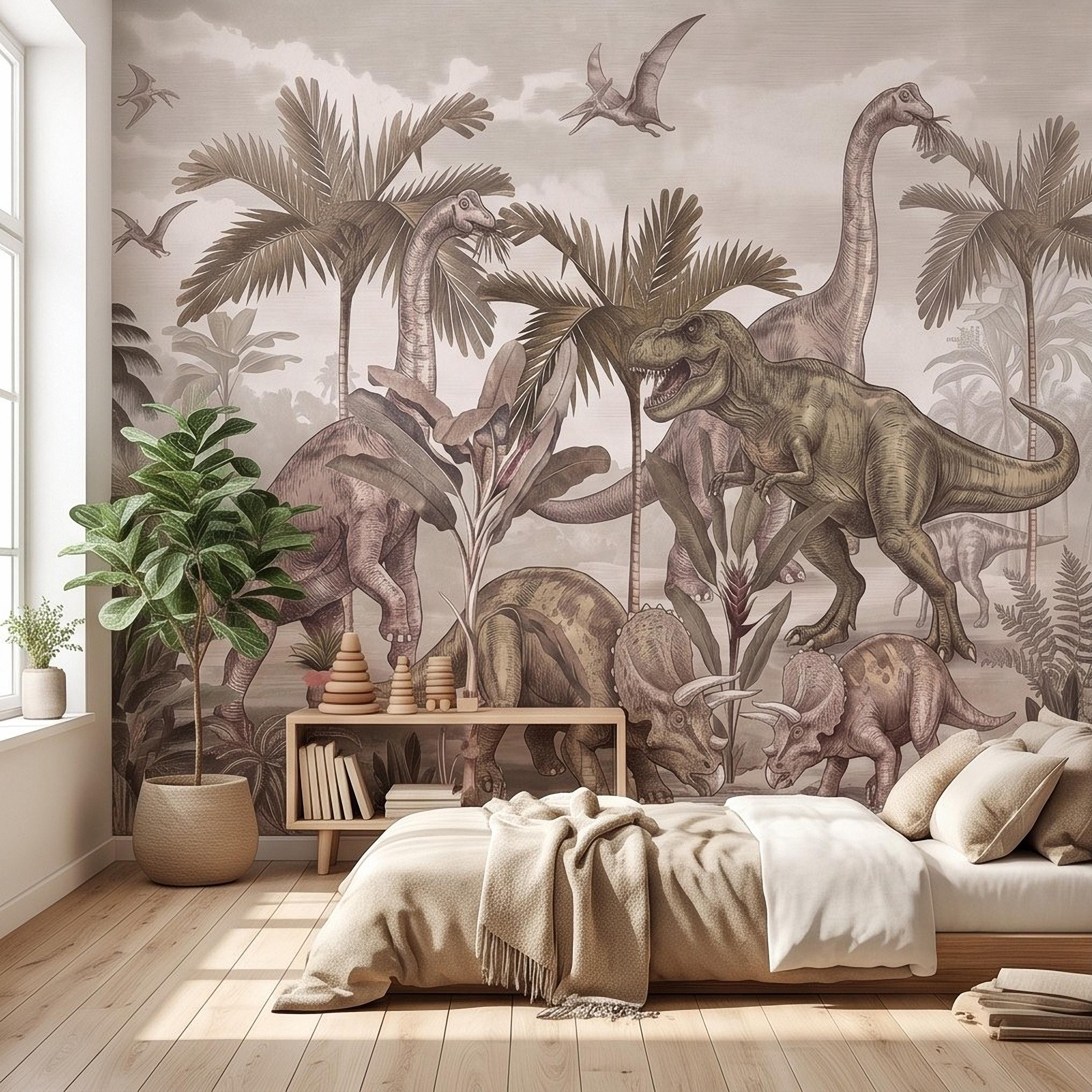 Prehistoric Dinosaur Peel and Stick Wall Mural, Vintage Jurassic T Rex Triceratops Brachiosaurus Landscape Wallpaper