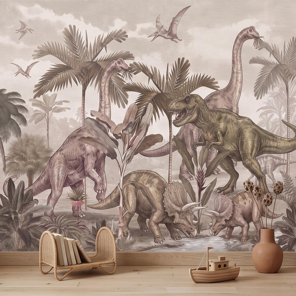 Prehistoric Dinosaur Peel and Stick Wall Mural, Vintage Jurassic T Rex Triceratops Brachiosaurus Landscape Wallpaper