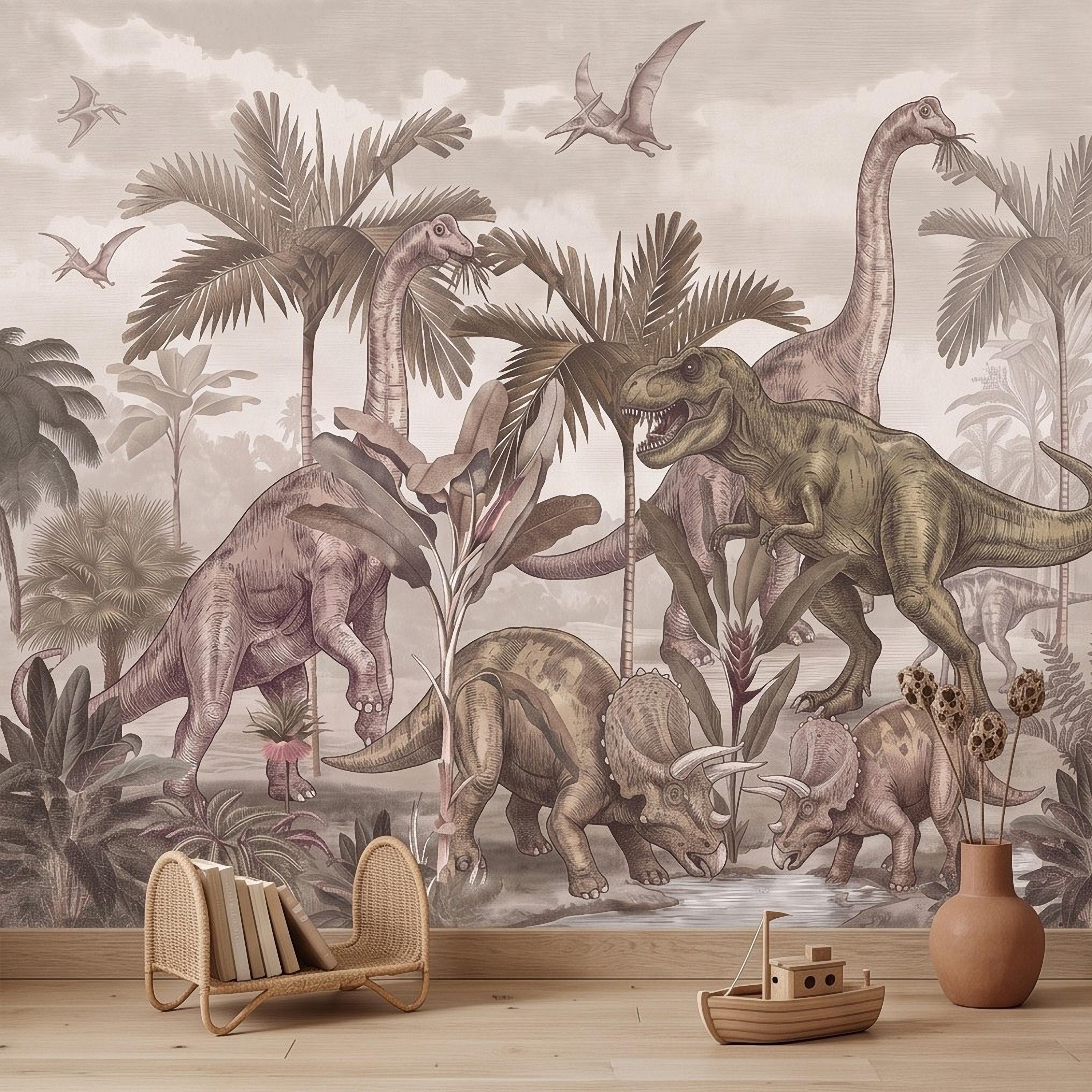 Prehistoric Dinosaur Peel and Stick Wall Mural, Vintage Jurassic T Rex Triceratops Brachiosaurus Landscape Wallpaper