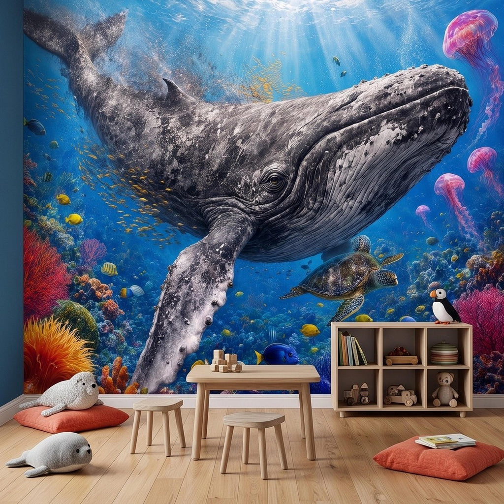 Humpback Whale Peel and Stick Wall Mural, Tropical Coral Reef Sea Turtle Jellyfish Underwater Ocean Life Wallpaper