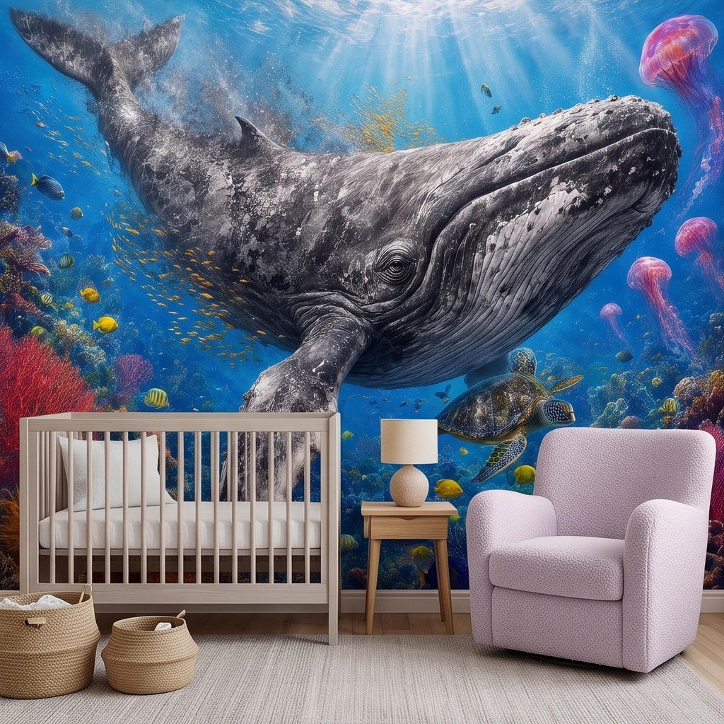 Humpback Whale Peel and Stick Wall Mural, Tropical Coral Reef Sea Turtle Jellyfish Underwater Ocean Life Wallpaper