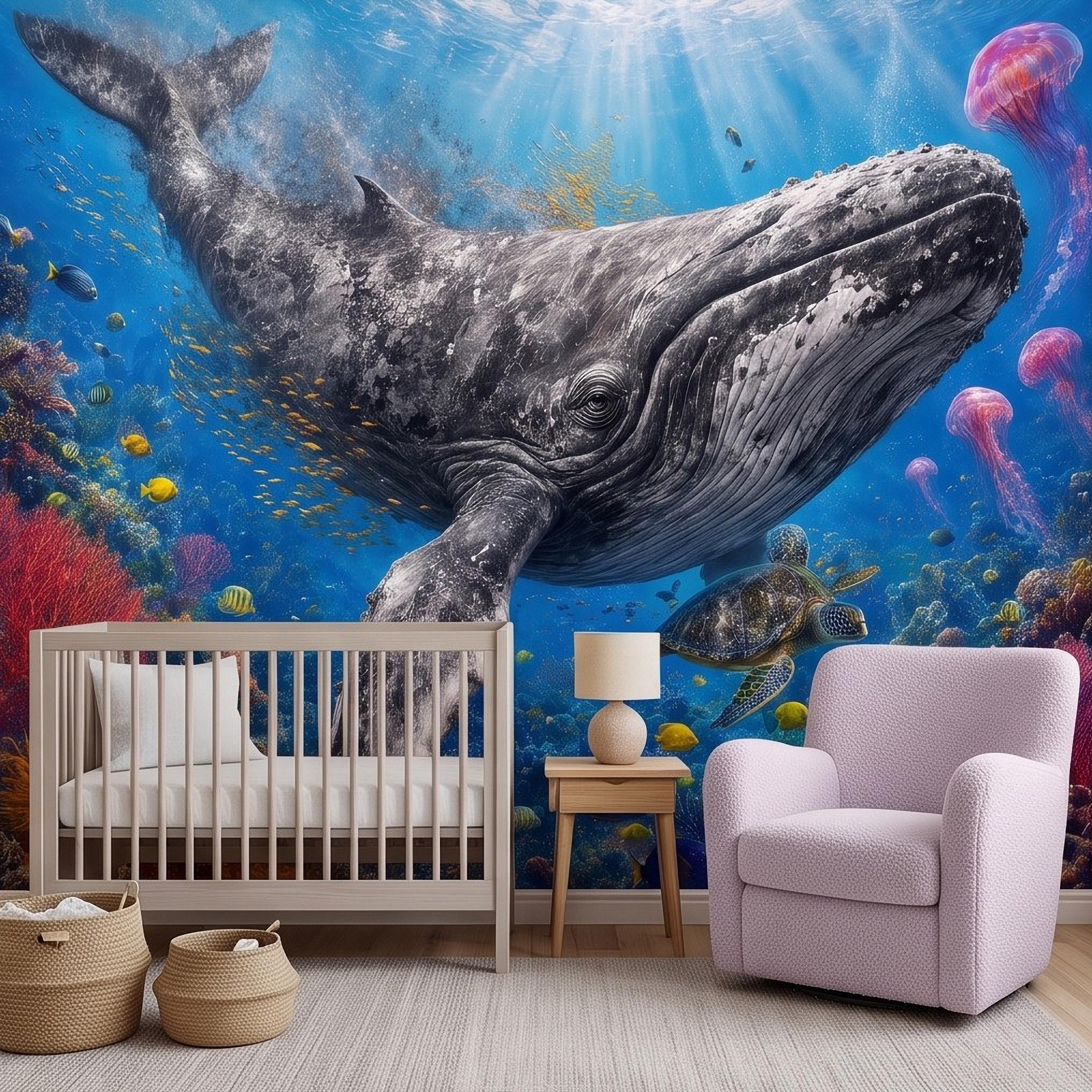 Humpback Whale Peel and Stick Wall Mural, Tropical Coral Reef Sea Turtle Jellyfish Underwater Ocean Life Wallpaper