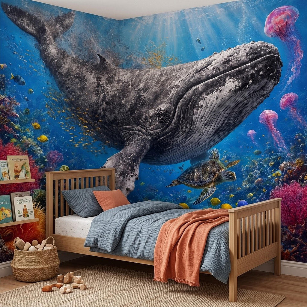 Humpback Whale Peel and Stick Wall Mural, Tropical Coral Reef Sea Turtle Jellyfish Underwater Ocean Life Wallpaper