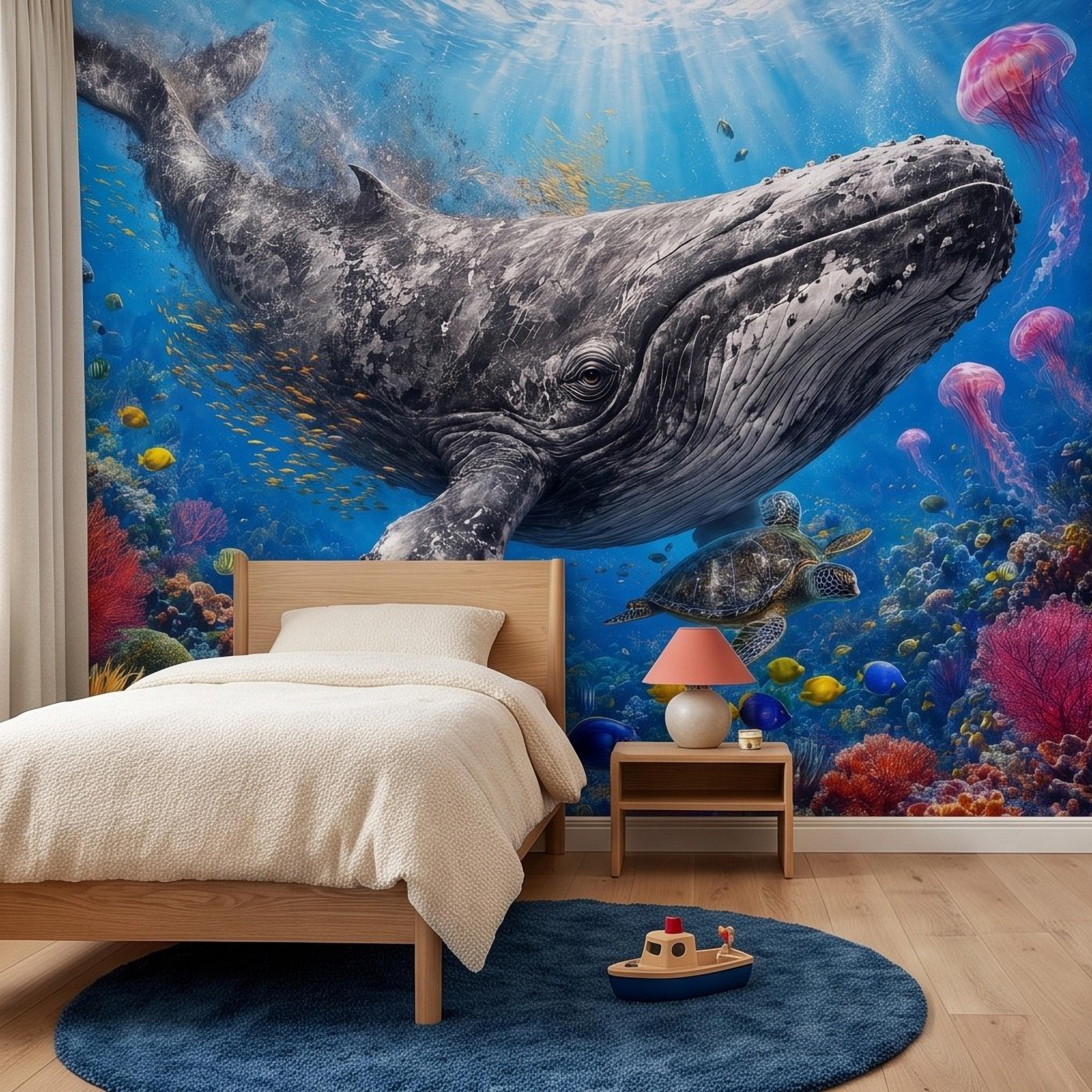 Humpback Whale Peel and Stick Wall Mural, Tropical Coral Reef Sea Turtle Jellyfish Underwater Ocean Life Wallpaper