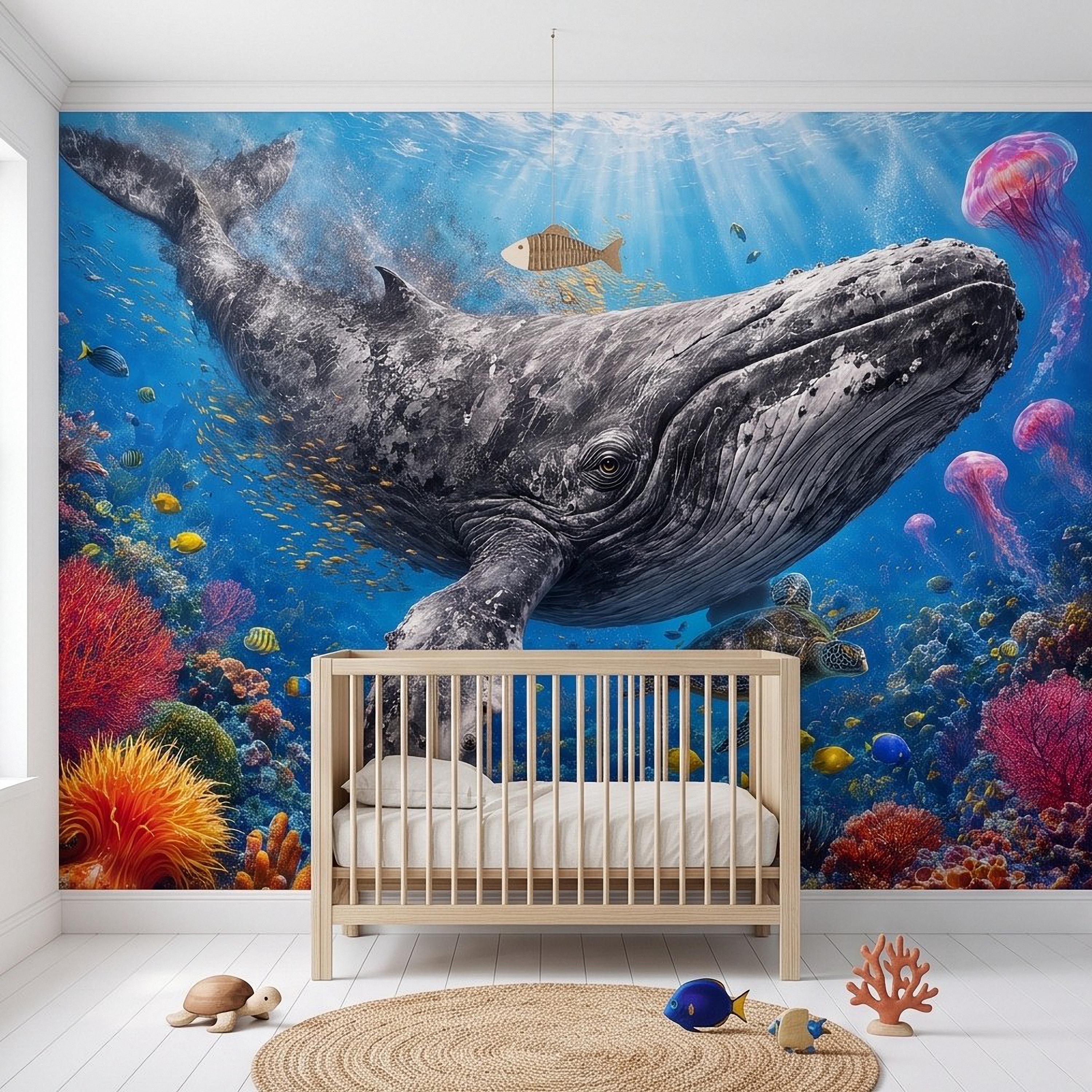 Humpback Whale Peel and Stick Wall Mural, Tropical Coral Reef Sea Turtle Jellyfish Underwater Ocean Life Wallpaper