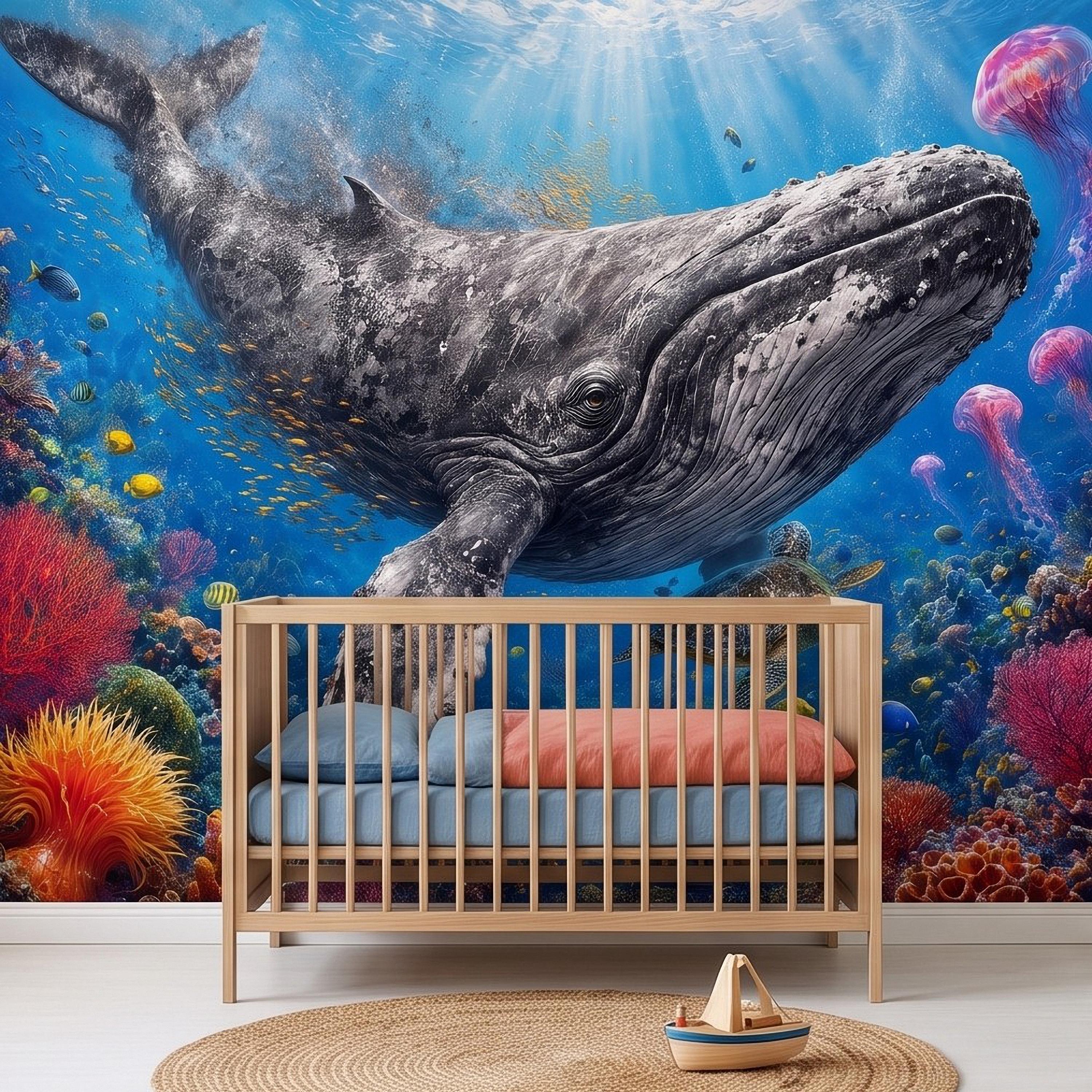 Humpback Whale Peel and Stick Wall Mural, Tropical Coral Reef Sea Turtle Jellyfish Underwater Ocean Life Wallpaper