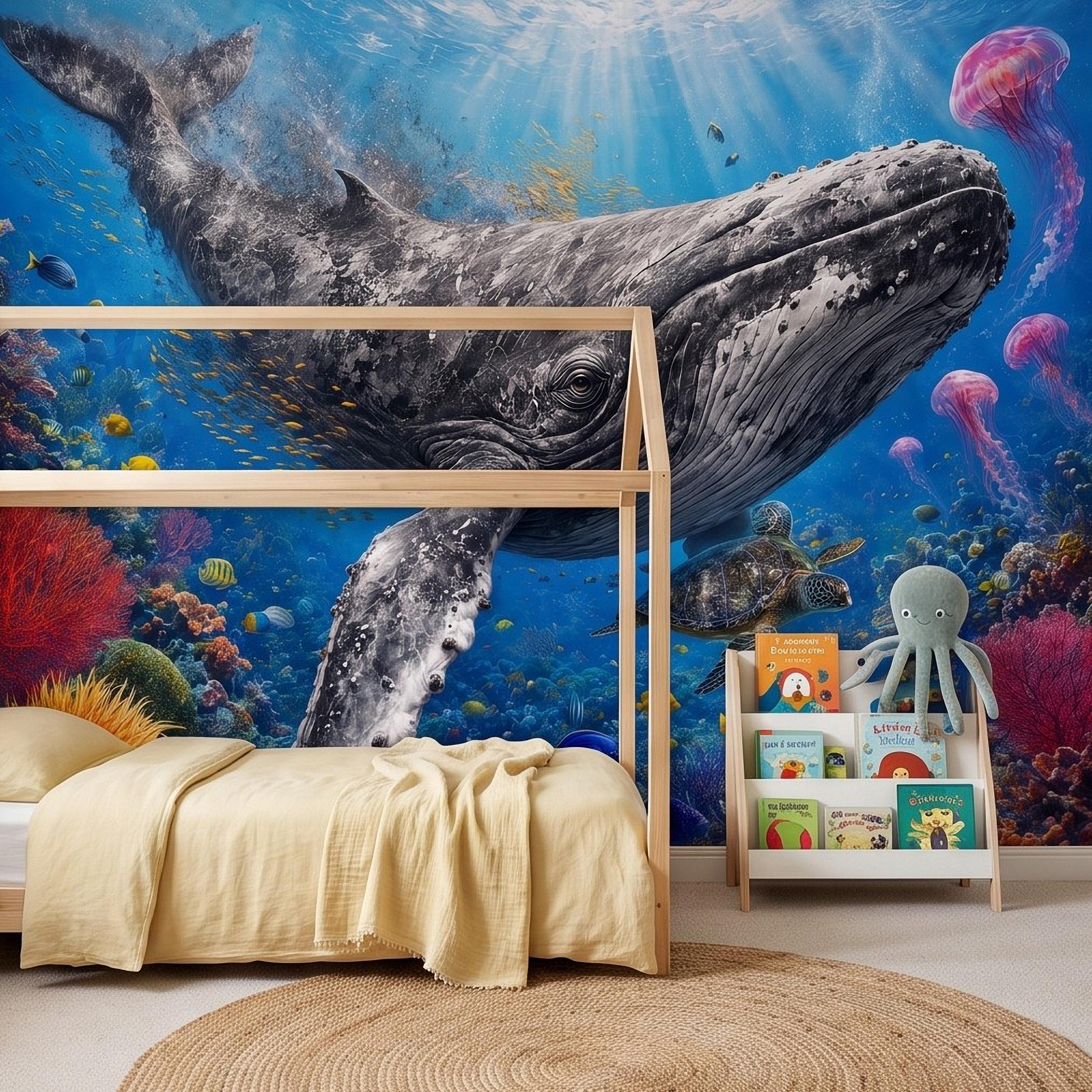 Humpback Whale Peel and Stick Wall Mural, Tropical Coral Reef Sea Turtle Jellyfish Underwater Ocean Life Wallpaper